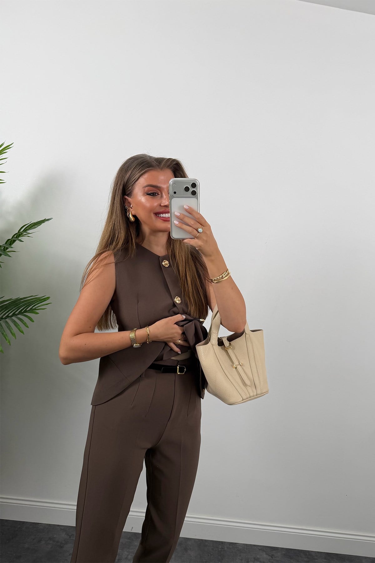 Premium Seri Pantolonu ve Yeleği Kemerli Takım Koyu Kahve