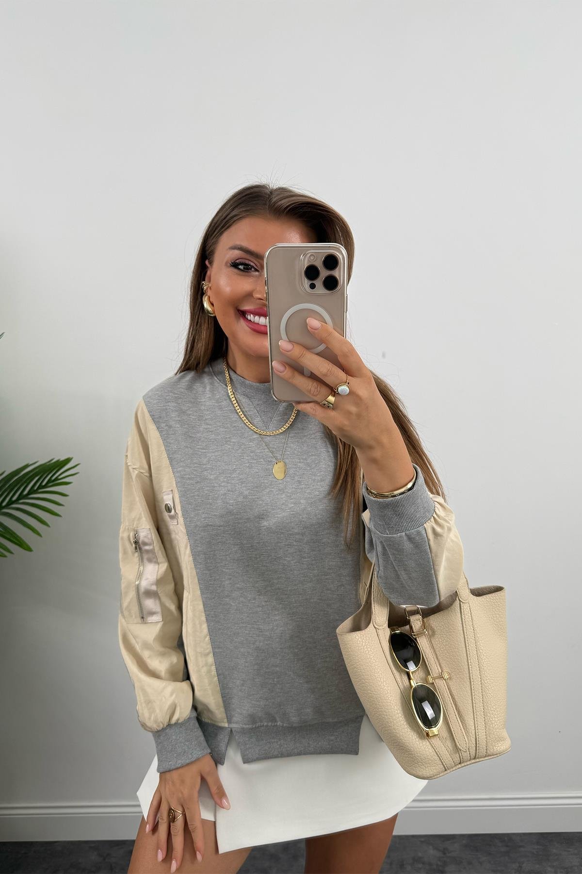 Premium Seri Paraşüt Garnili Tasarım Sweat Taş