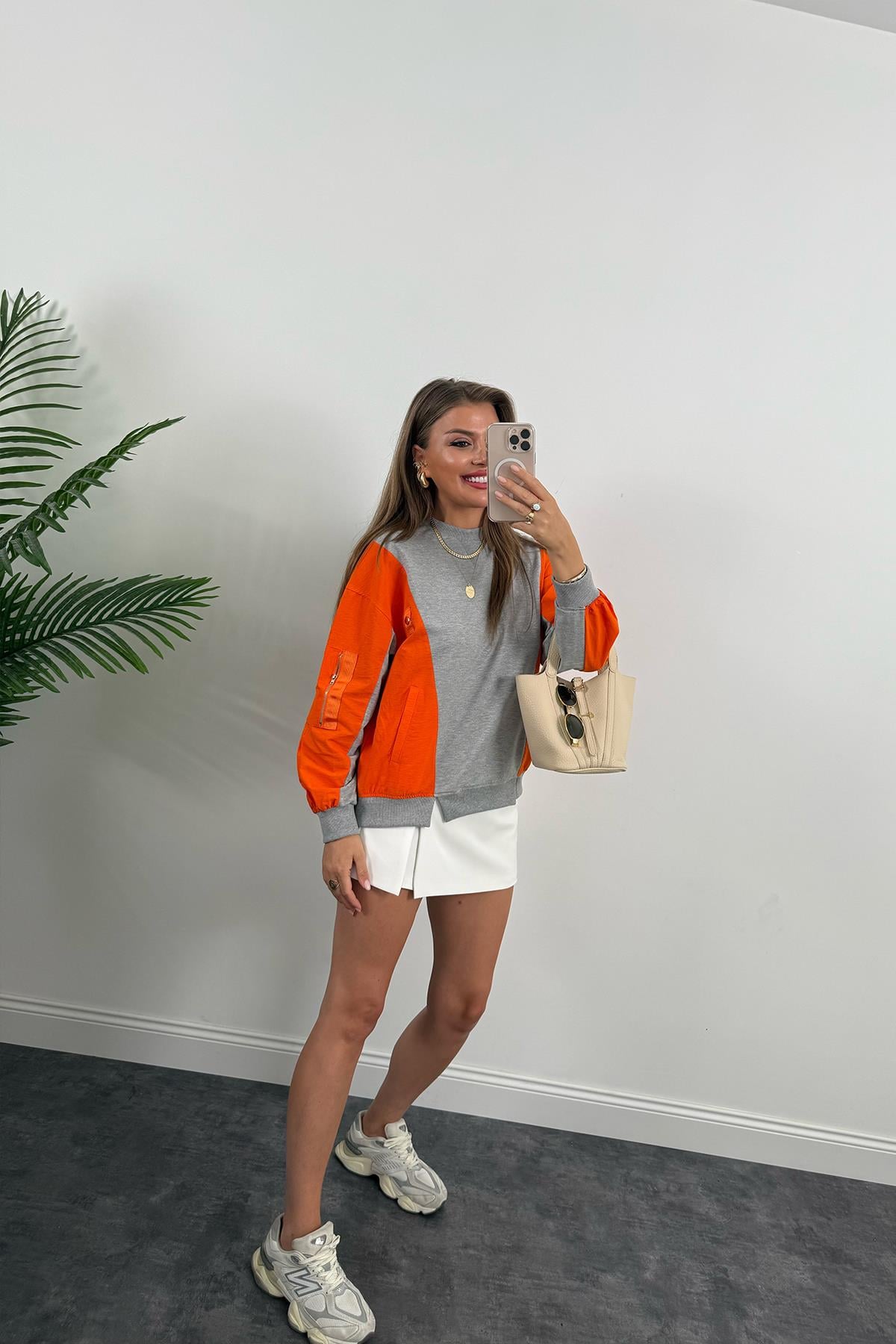 Premium Seri Paraşüt Garnili Tasarım Sweat Neon Turuncu