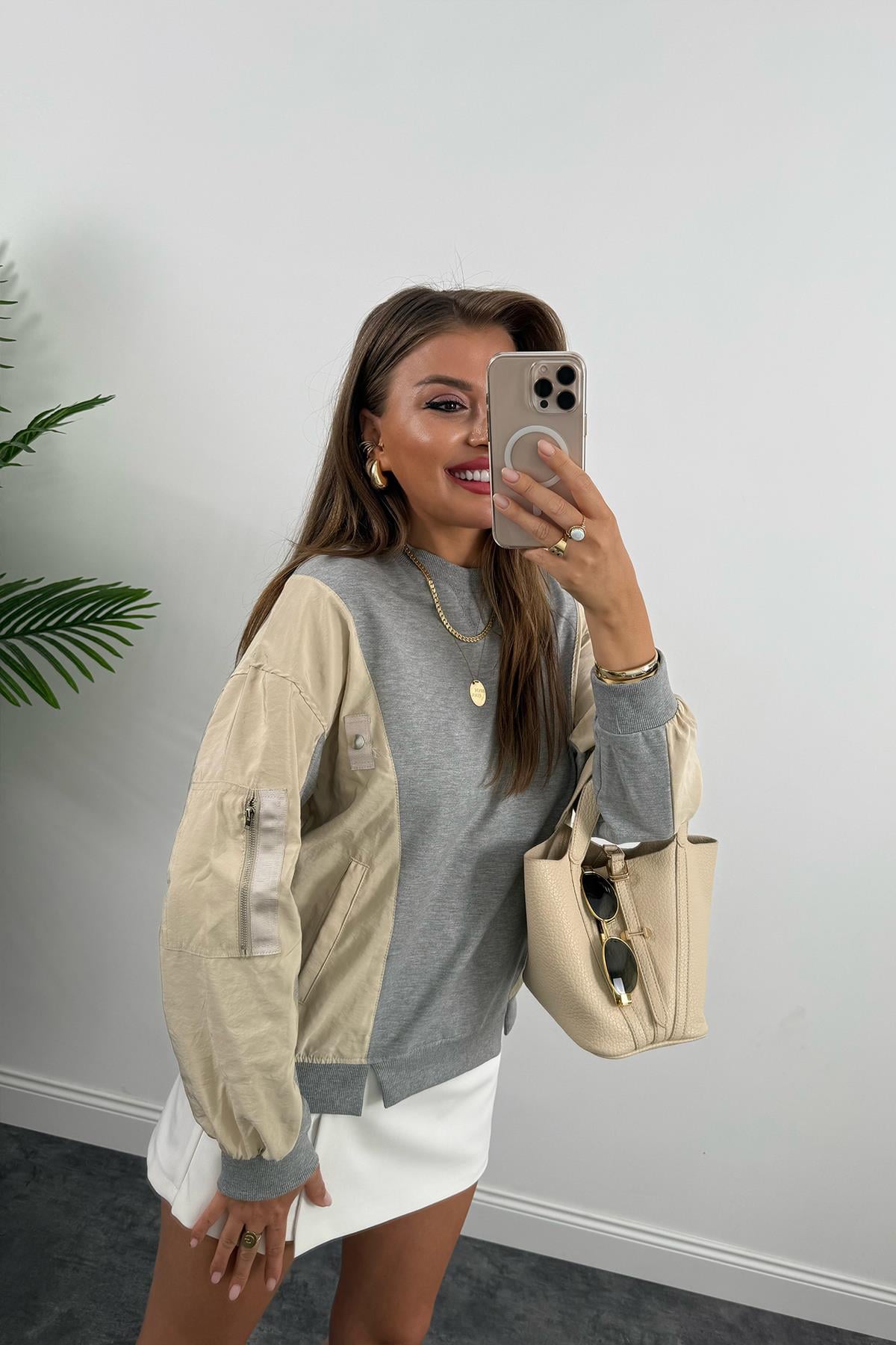 Premium Seri Paraşüt Garnili Tasarım Sweat Taş