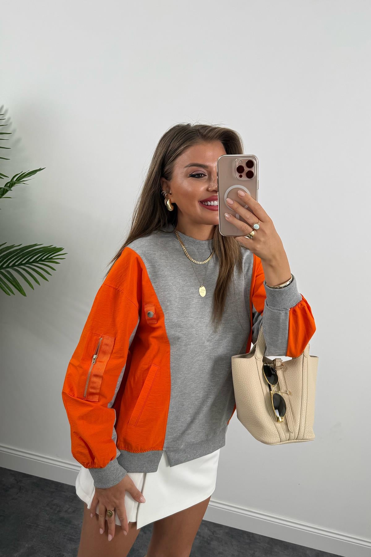 Premium Seri Paraşüt Garnili Tasarım Sweat Neon Turuncu