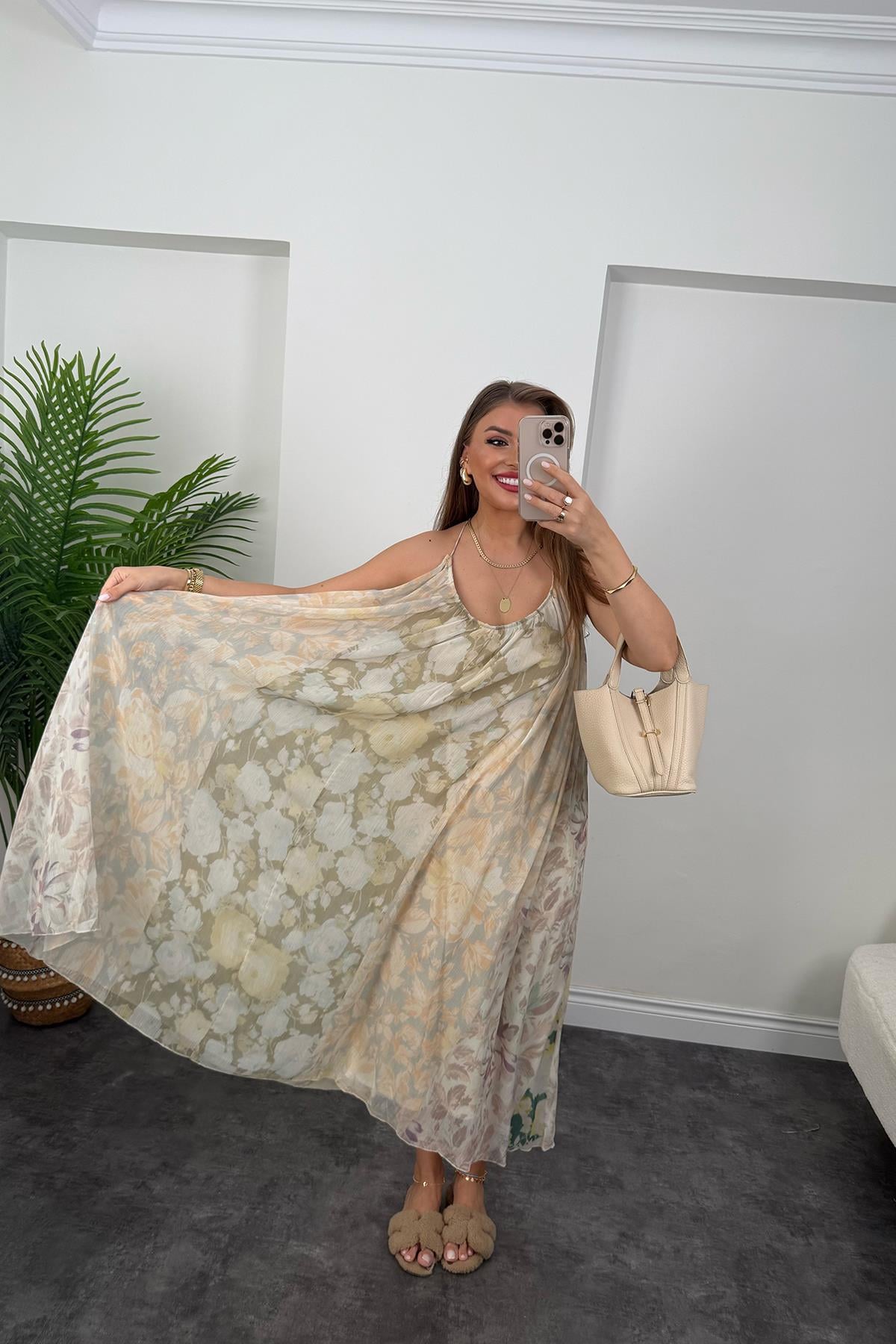 Premium Seri Patchwork Tasarım Maxi Elbise Soft Ton