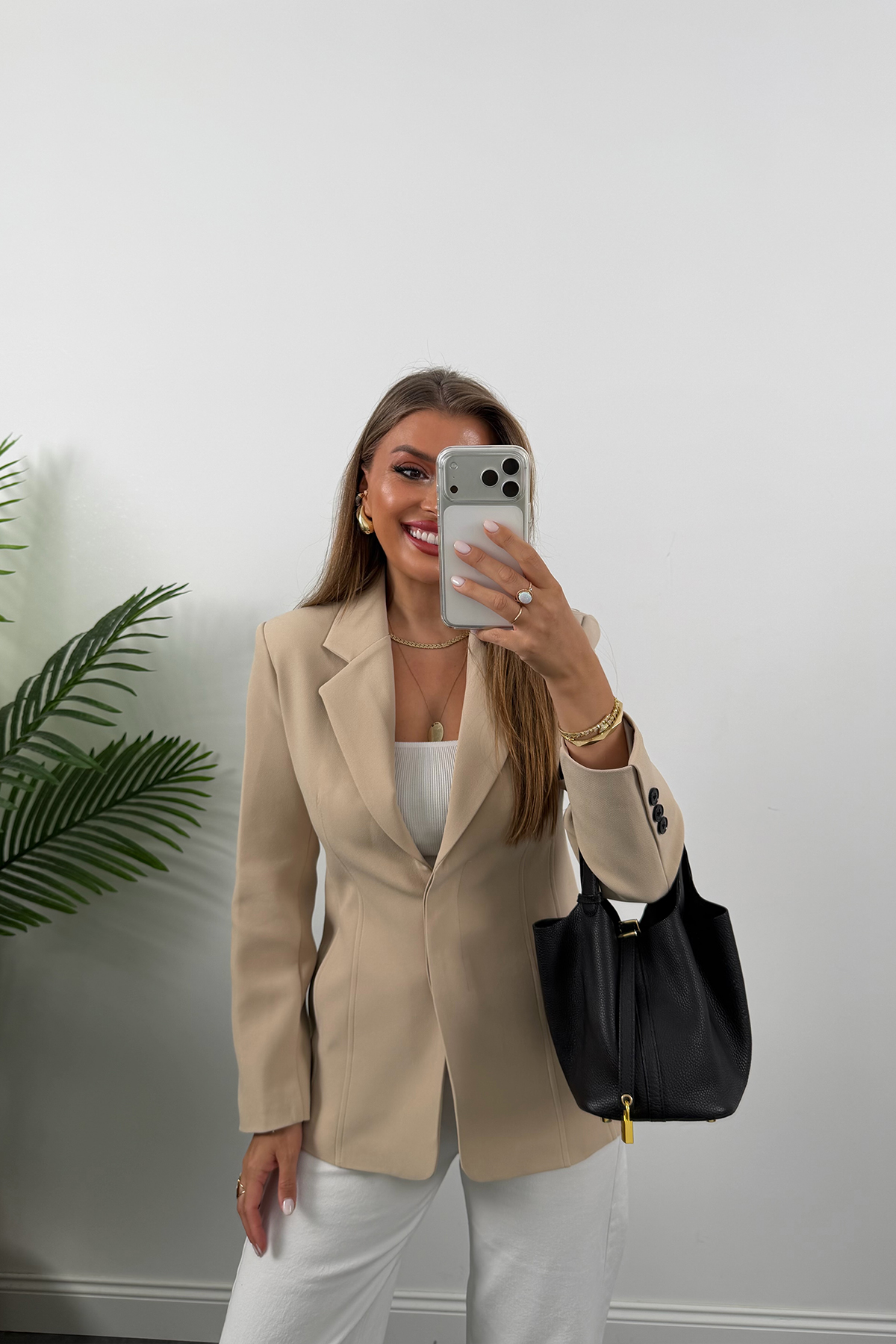 Premium Seri Pensli Kemerli Oturtma Blazer Ceket Taş
