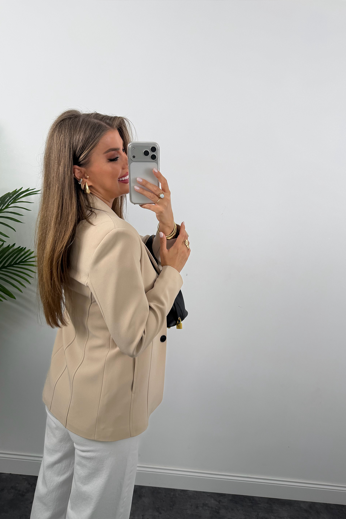 Premium Seri Pensli Kemerli Oturtma Blazer Ceket Taş