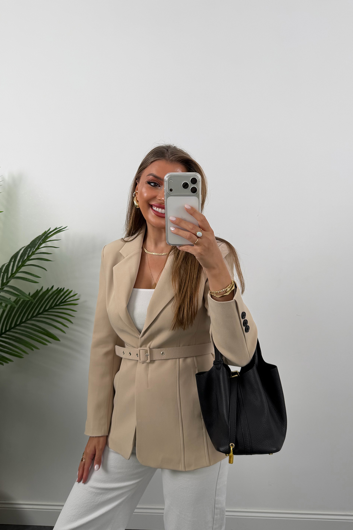Premium Seri Pensli Kemerli Oturtma Blazer Ceket Taş