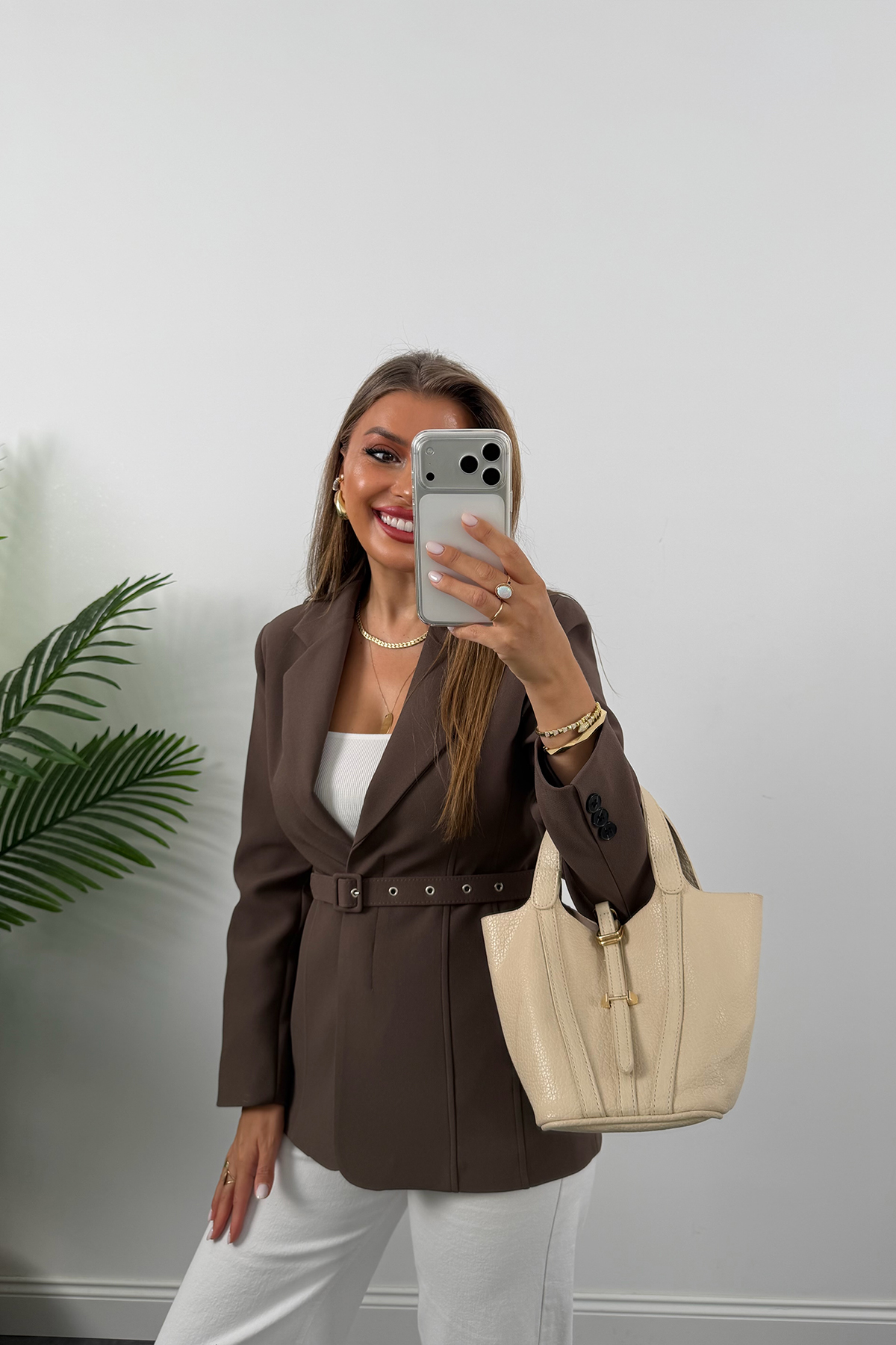 Premium Seri Pensli Kemerli Oturtma Blazer Ceket Koyu Kahve