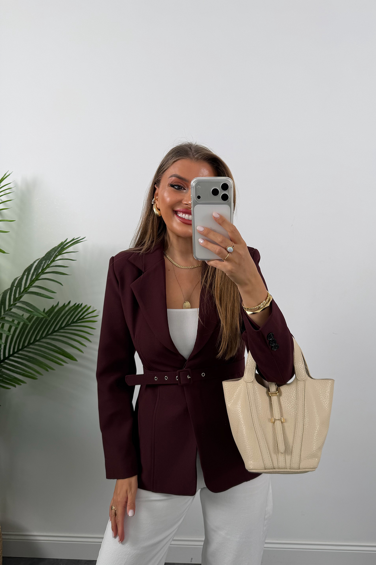 Premium Seri Pensli Kemerli Oturtma Blazer Ceket Mürdüm
