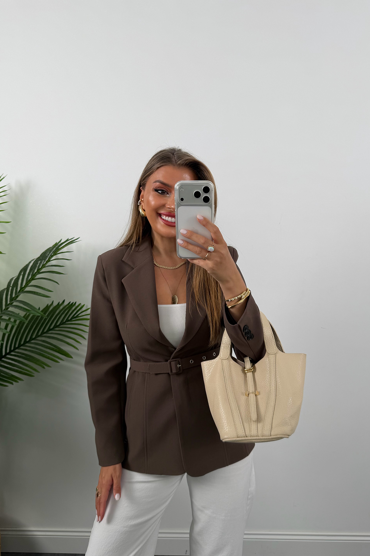 Premium Seri Pensli Kemerli Oturtma Blazer Ceket Koyu Kahve