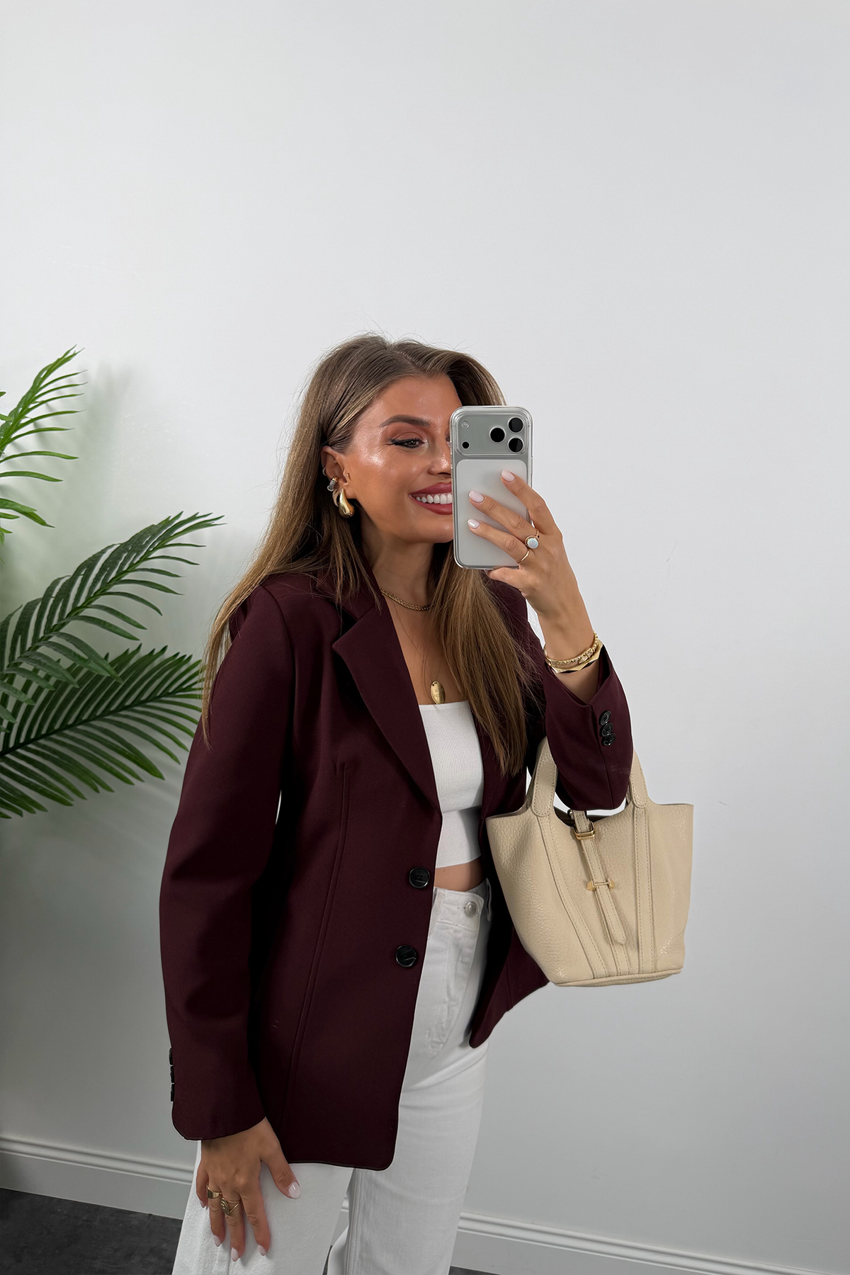 Premium Seri Pensli Kemerli Oturtma Blazer Ceket Mürdüm