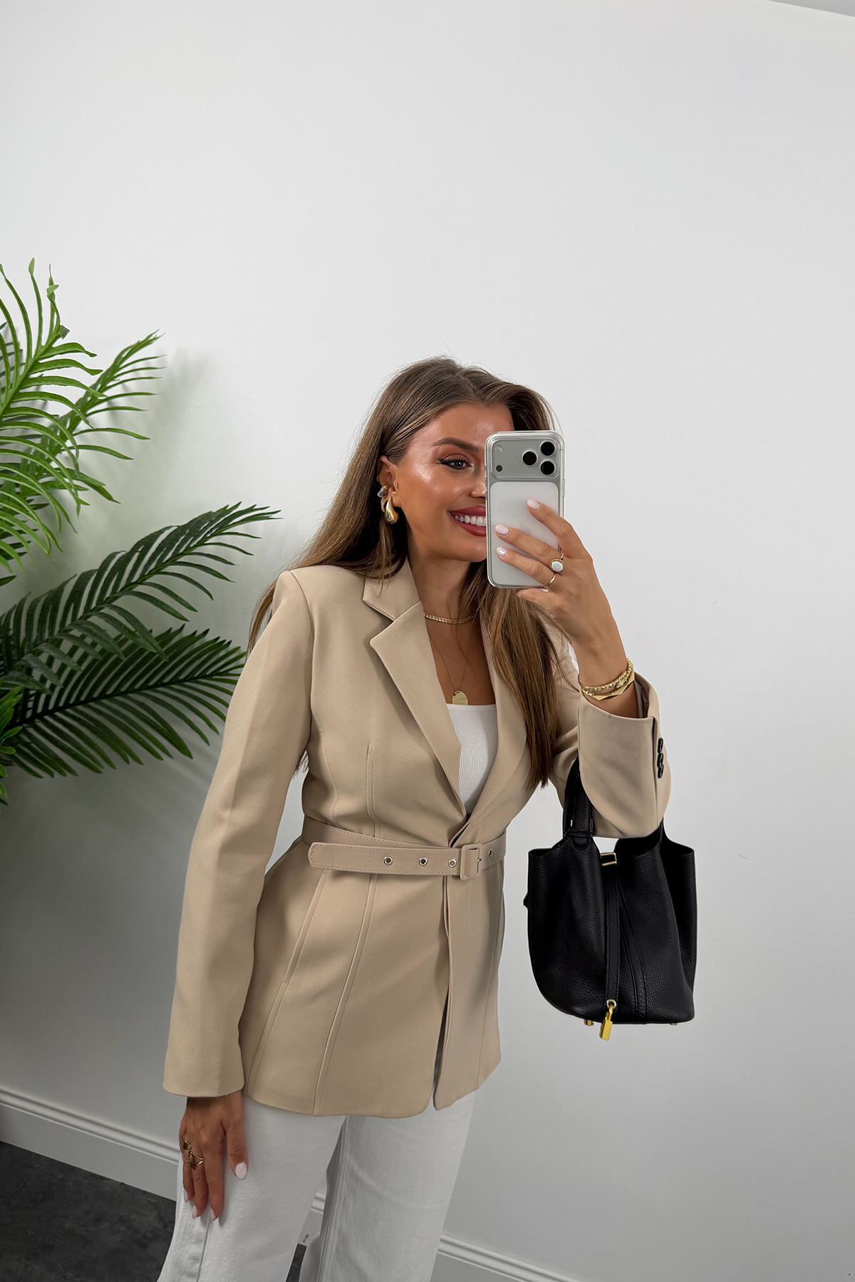 Premium Seri Pensli Kemerli Oturtma Blazer Ceket Taş