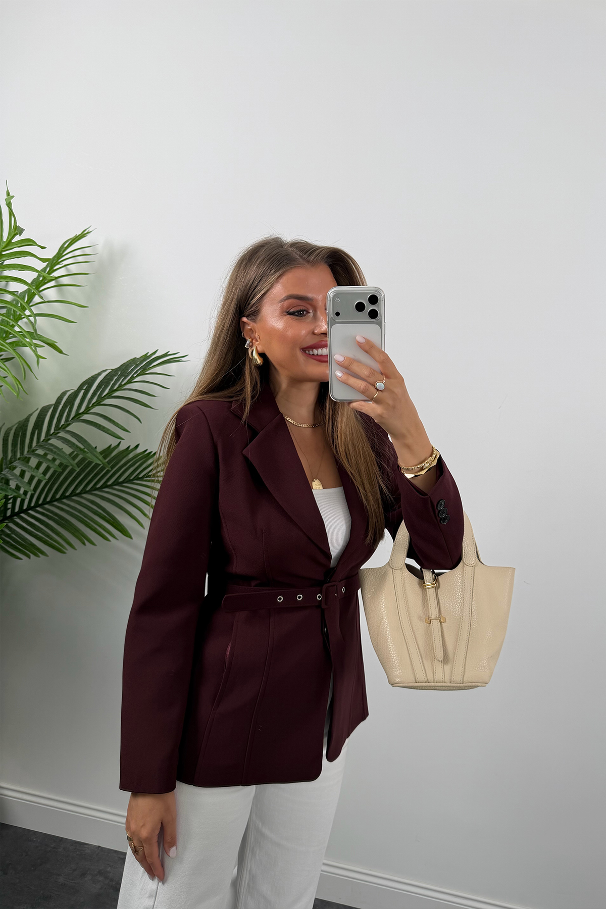 Premium Seri Pensli Kemerli Oturtma Blazer Ceket Mürdüm