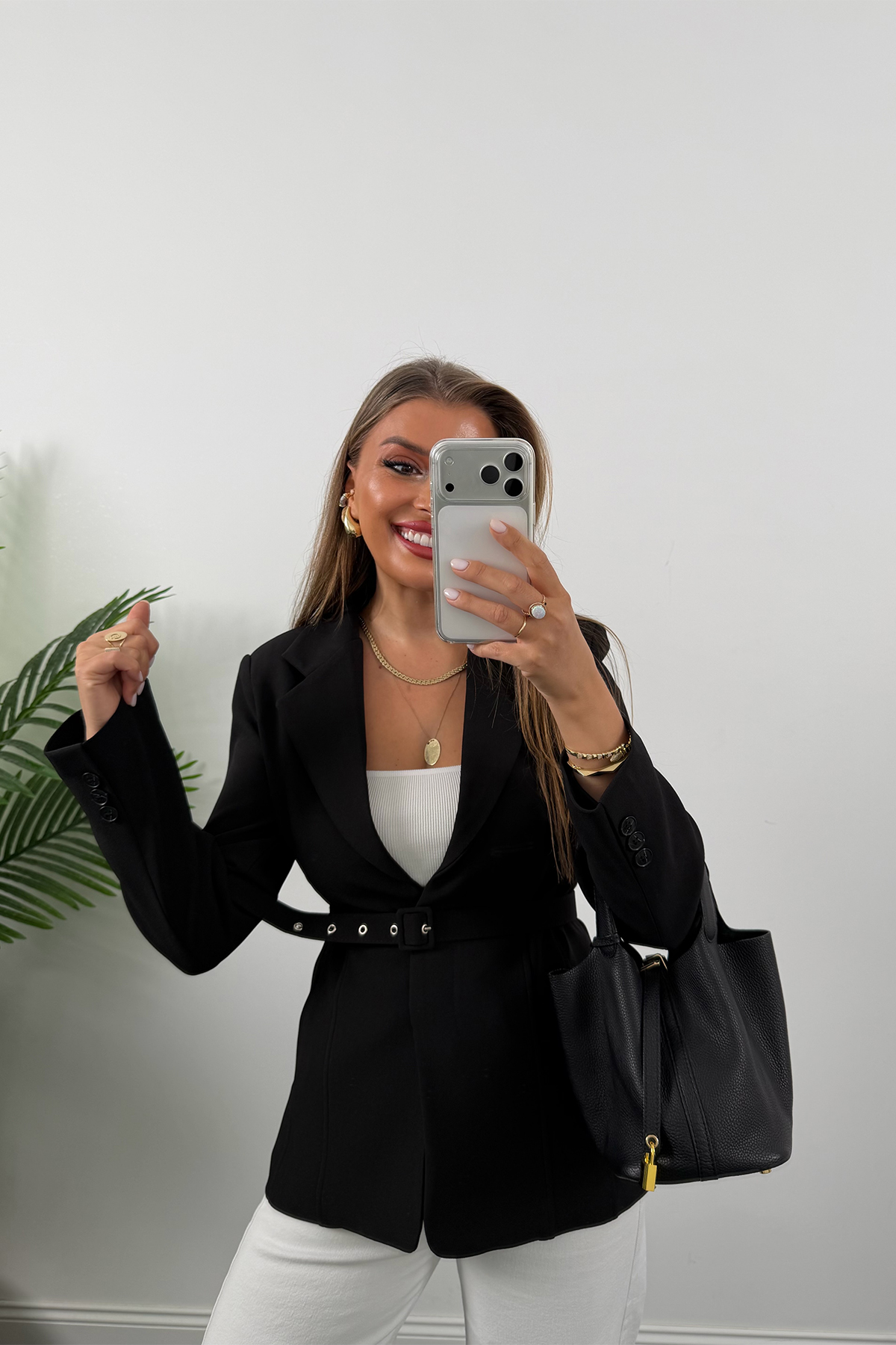 Premium Seri Pensli Kemerli Oturtma Blazer Ceket Siyah