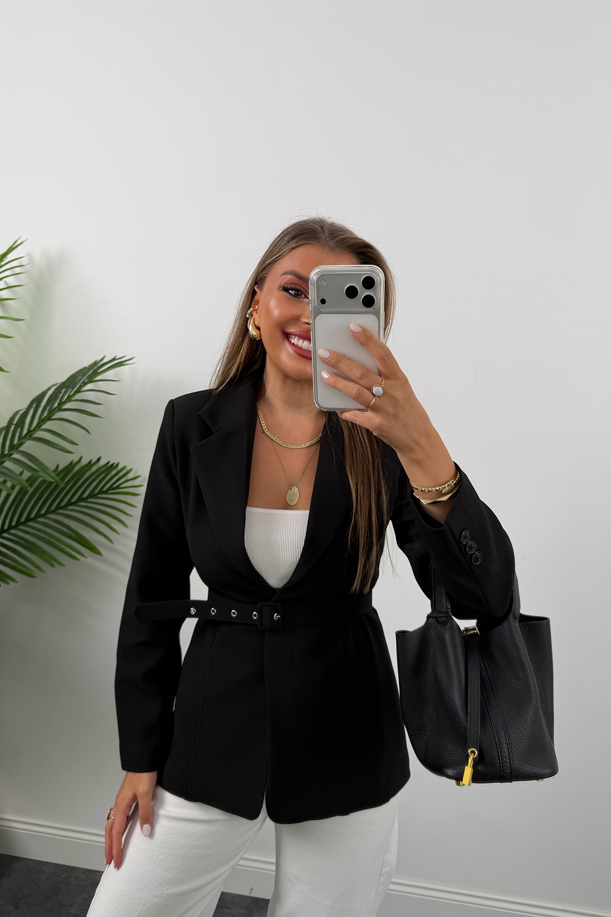 Premium Seri Pensli Kemerli Oturtma Blazer Ceket Siyah
