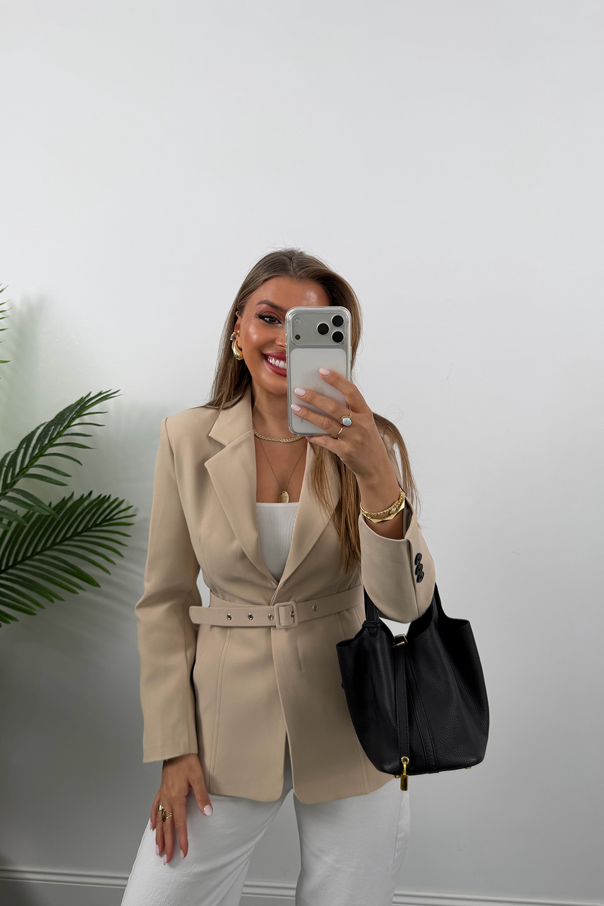 Premium Seri Pensli Kemerli Oturtma Blazer Ceket Taş
