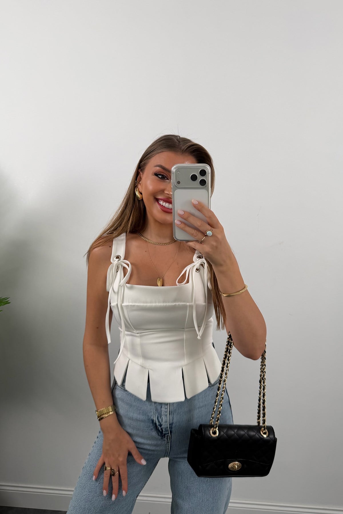 Premium Seri Pinterest Korse Tasarım Bluz Beyaz