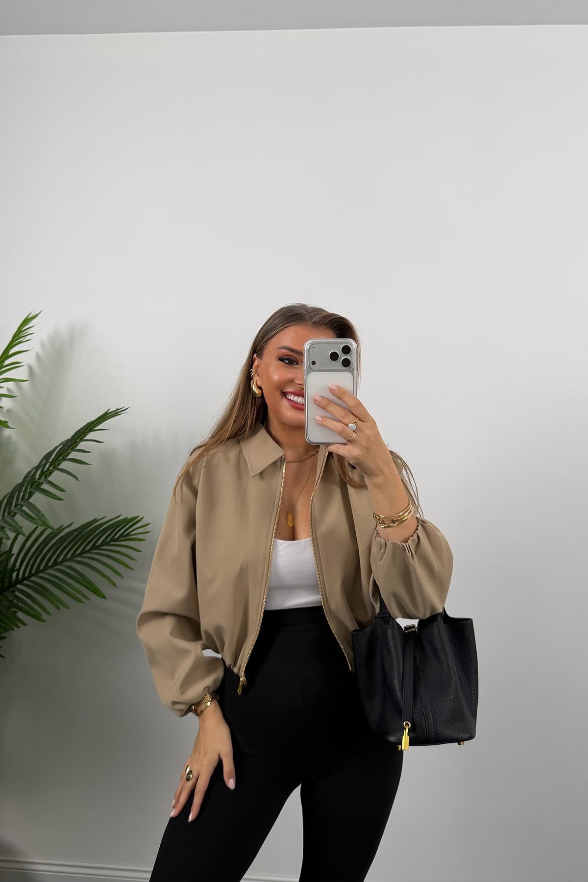 Premium Seri Poliviskon Bomber Ceket Camel