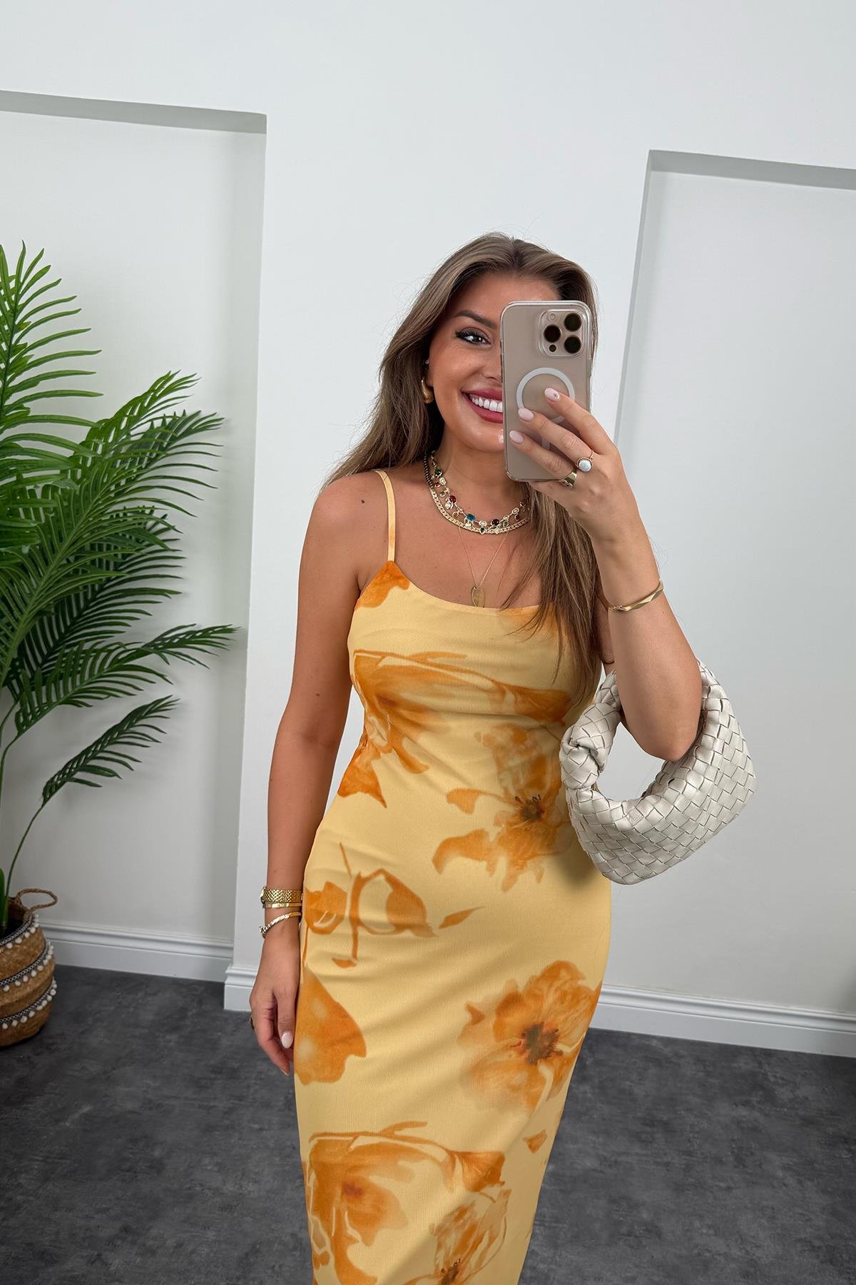 Premium Seri Sarı Çiçekli Likralı Maxi Tül Elbise