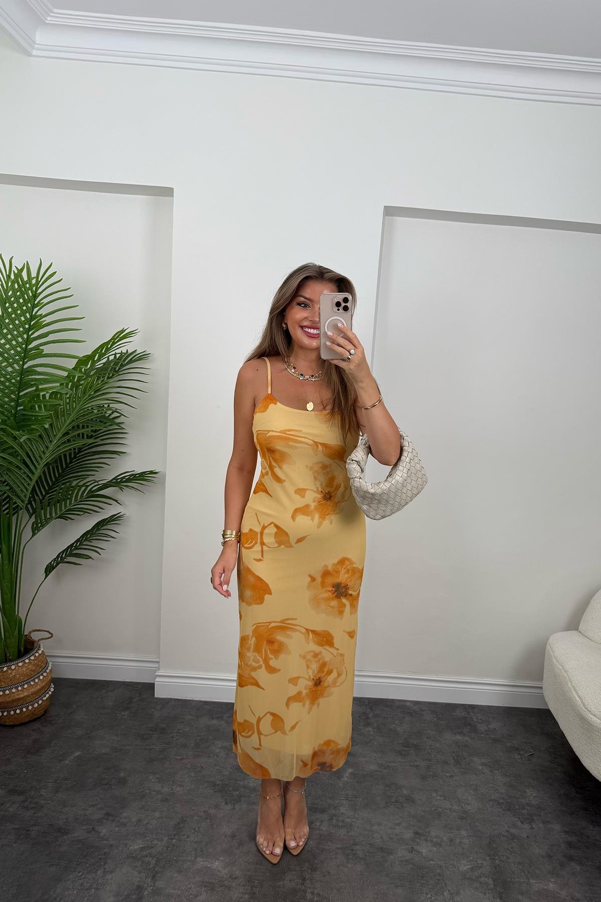 Premium Seri Sarı Çiçekli Likralı Maxi Tül Elbise