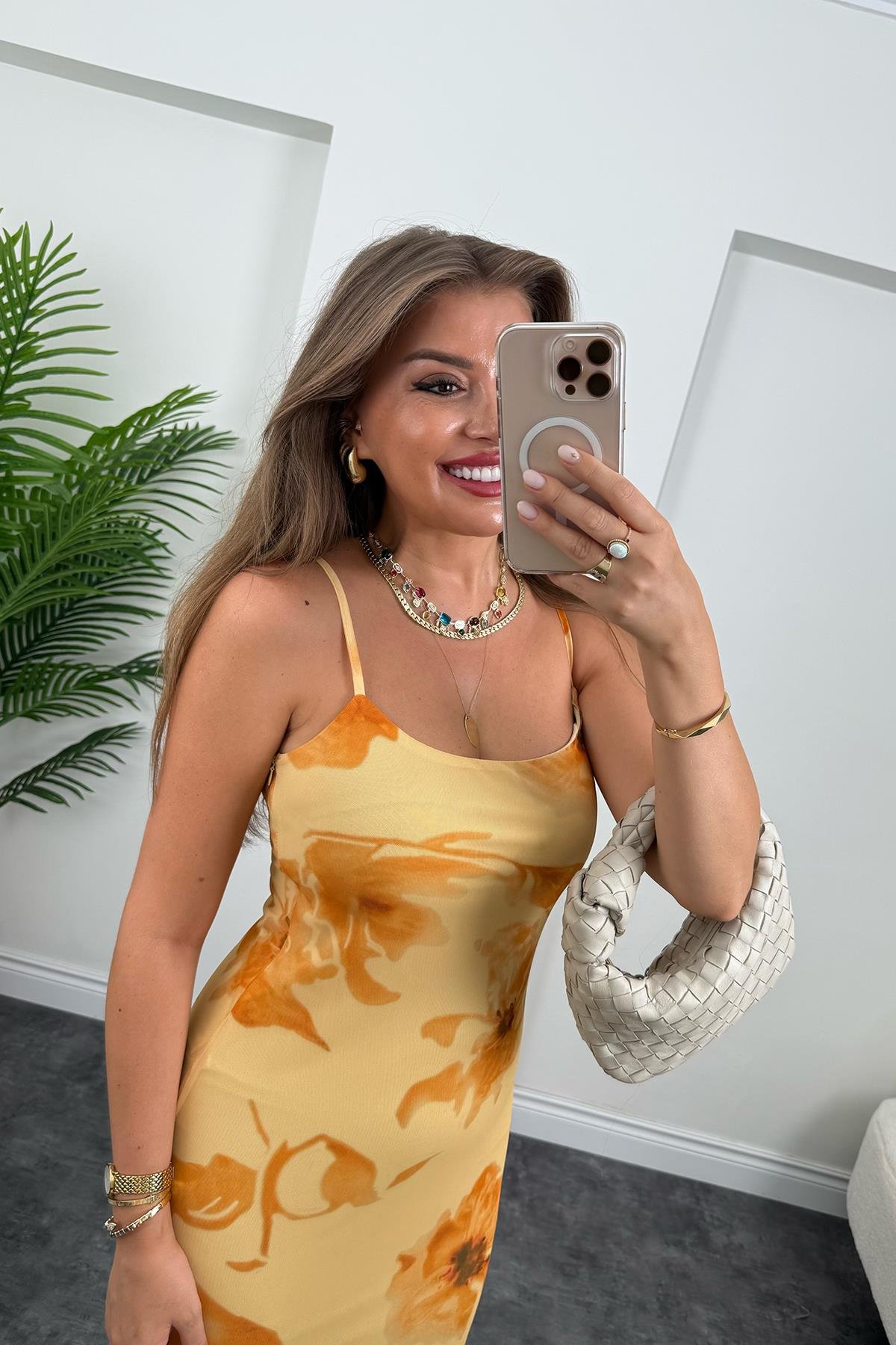 Premium Seri Sarı Çiçekli Likralı Maxi Tül Elbise