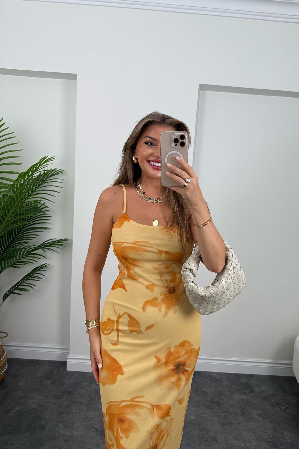 Premium Seri Sarı Çiçekli Likralı Maxi Tül Elbise