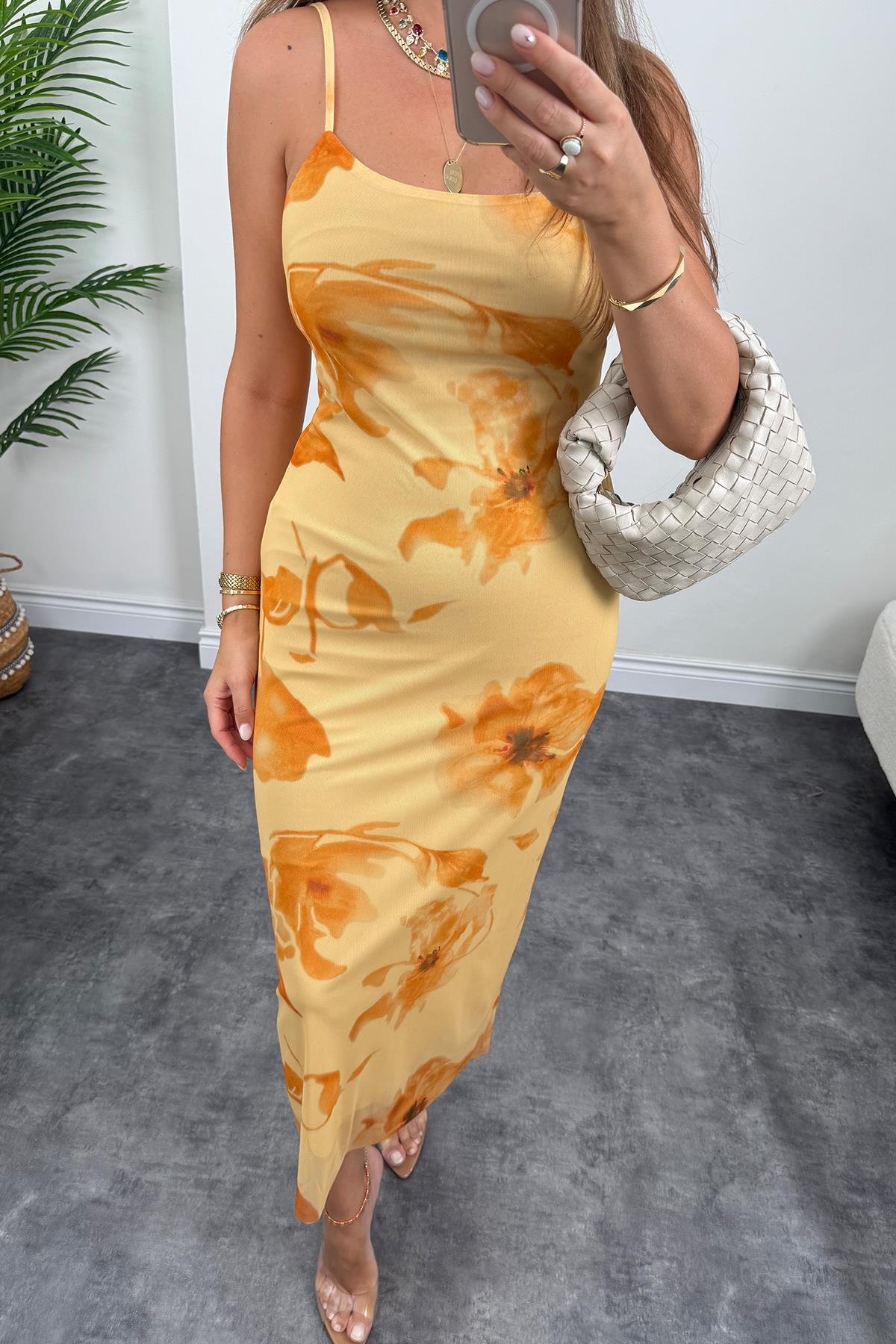 Premium Seri Sarı Çiçekli Likralı Maxi Tül Elbise