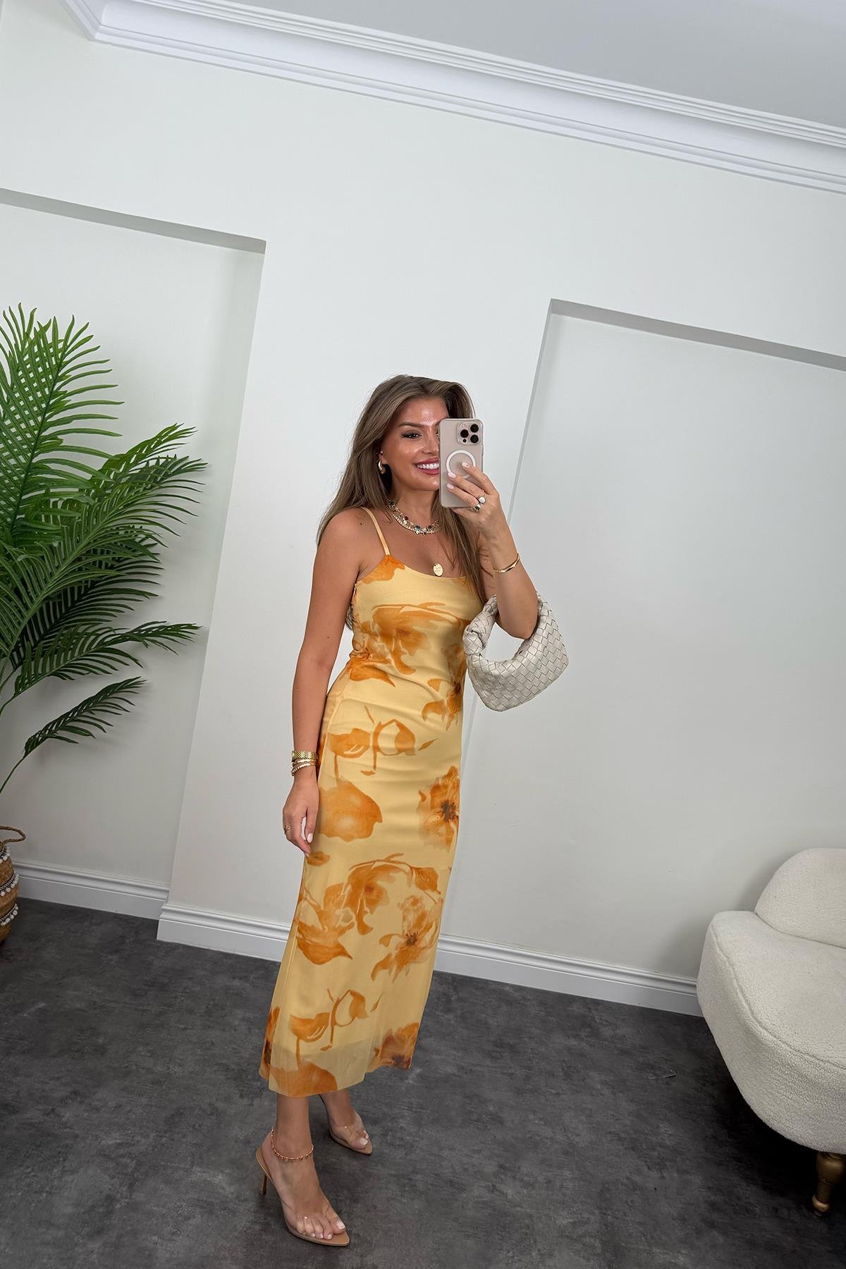 Premium Seri Sarı Çiçekli Likralı Maxi Tül Elbise