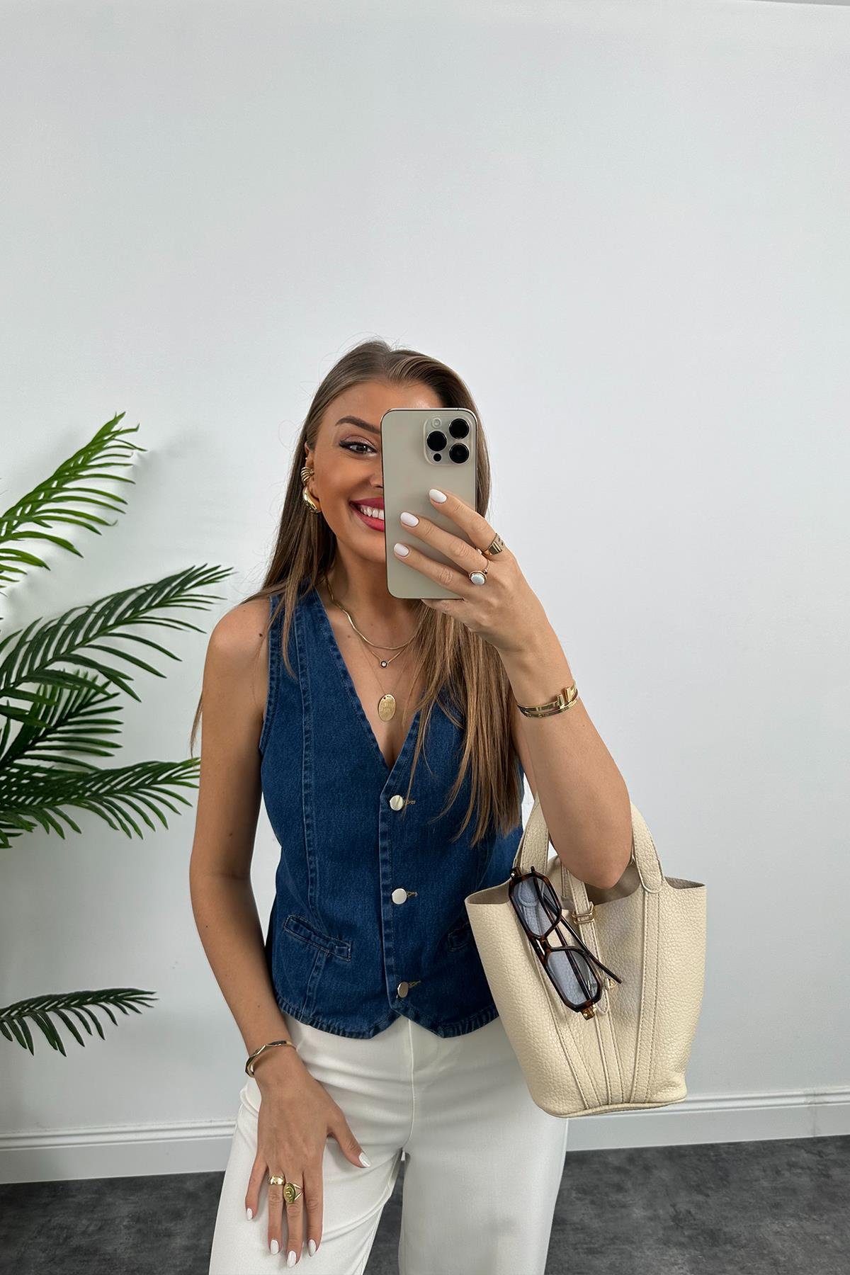 Premium Seri Tam Pamuklu Jean Yelek