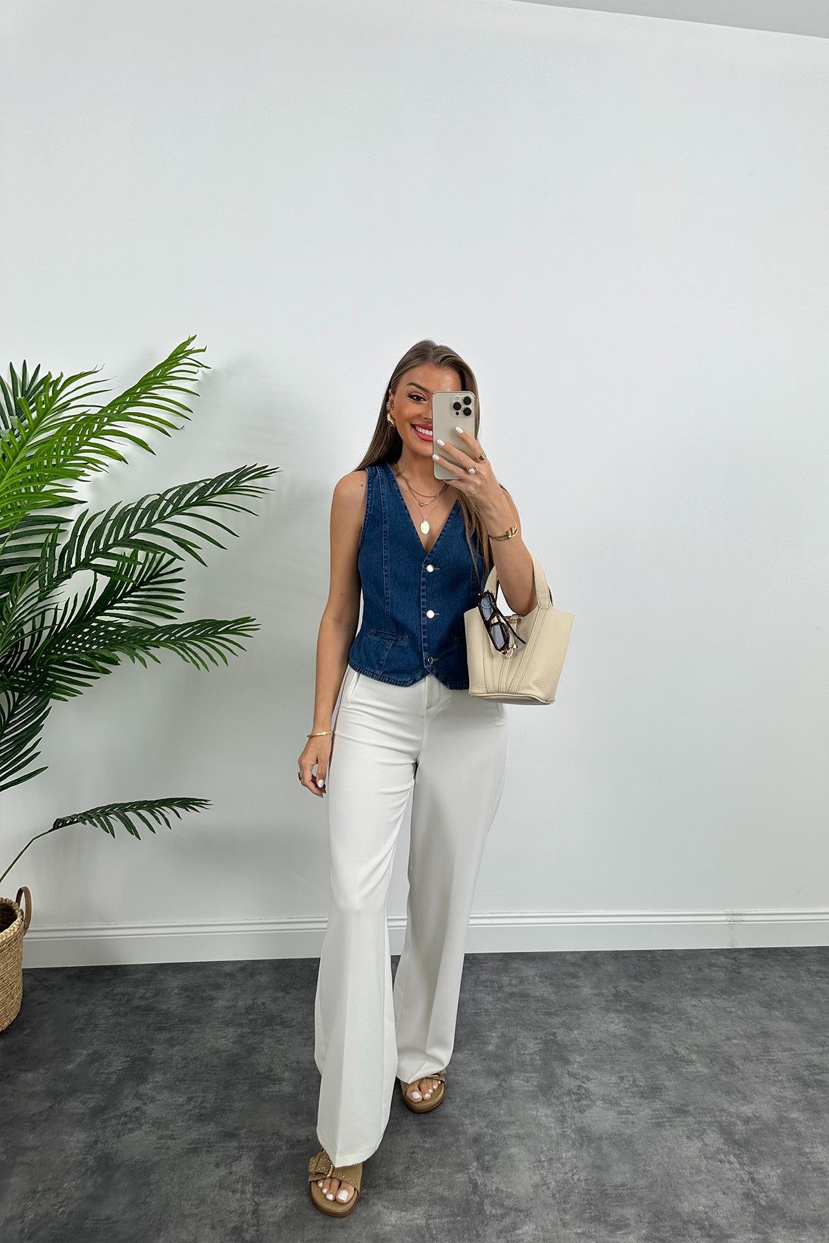 Premium Seri Tam Pamuklu Jean Yelek