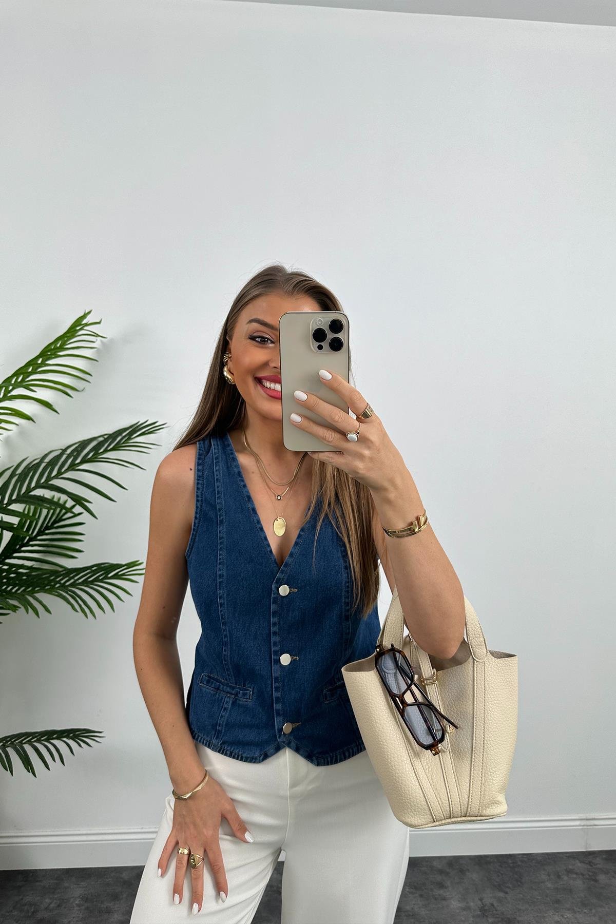 Premium Seri Tam Pamuklu Jean Yelek