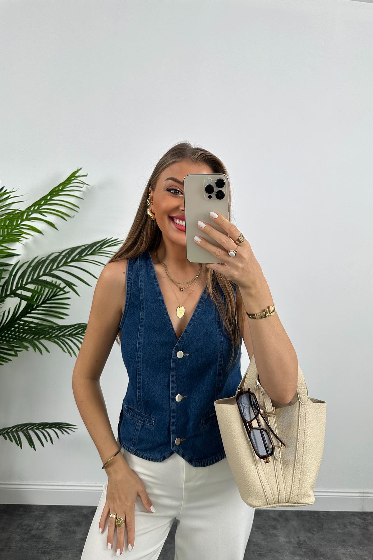 Premium Seri Tam Pamuklu Jean Yelek