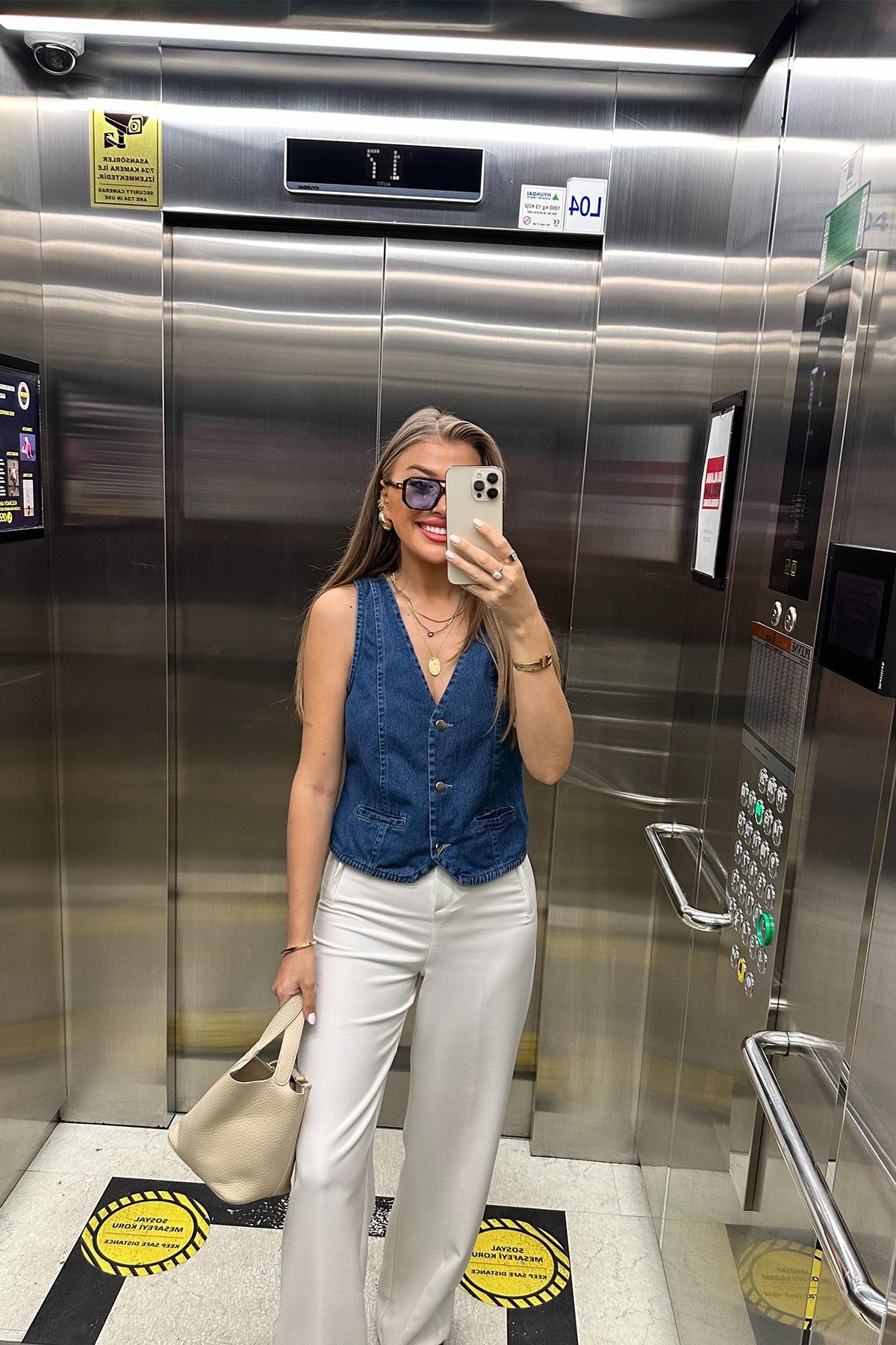 Premium Seri Tam Pamuklu Jean Yelek