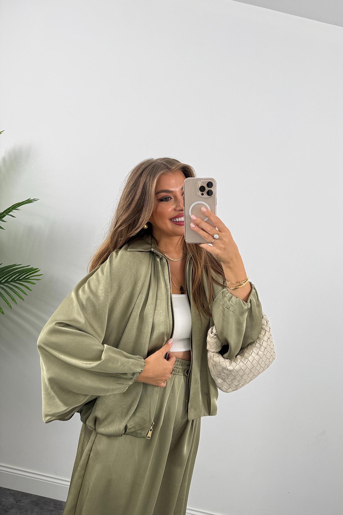 Premium Seri Tasarım Saten Şalvar Pantolon Haki