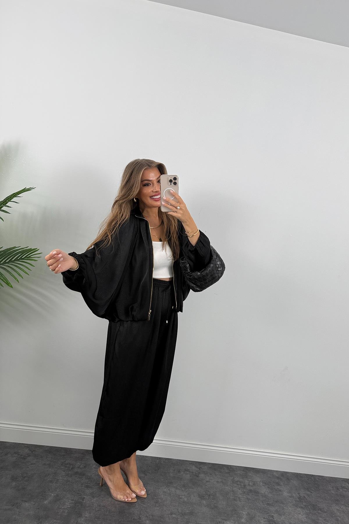 Premium Seri Tasarım Saten Şalvar Pantolon Siyah