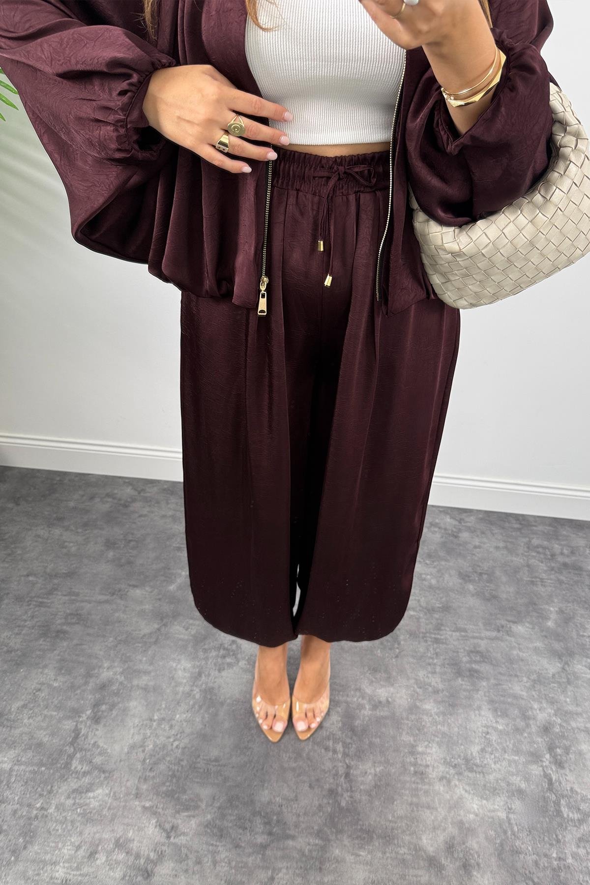 Premium Seri Tasarım Saten Şalvar Pantolon Mürdüm