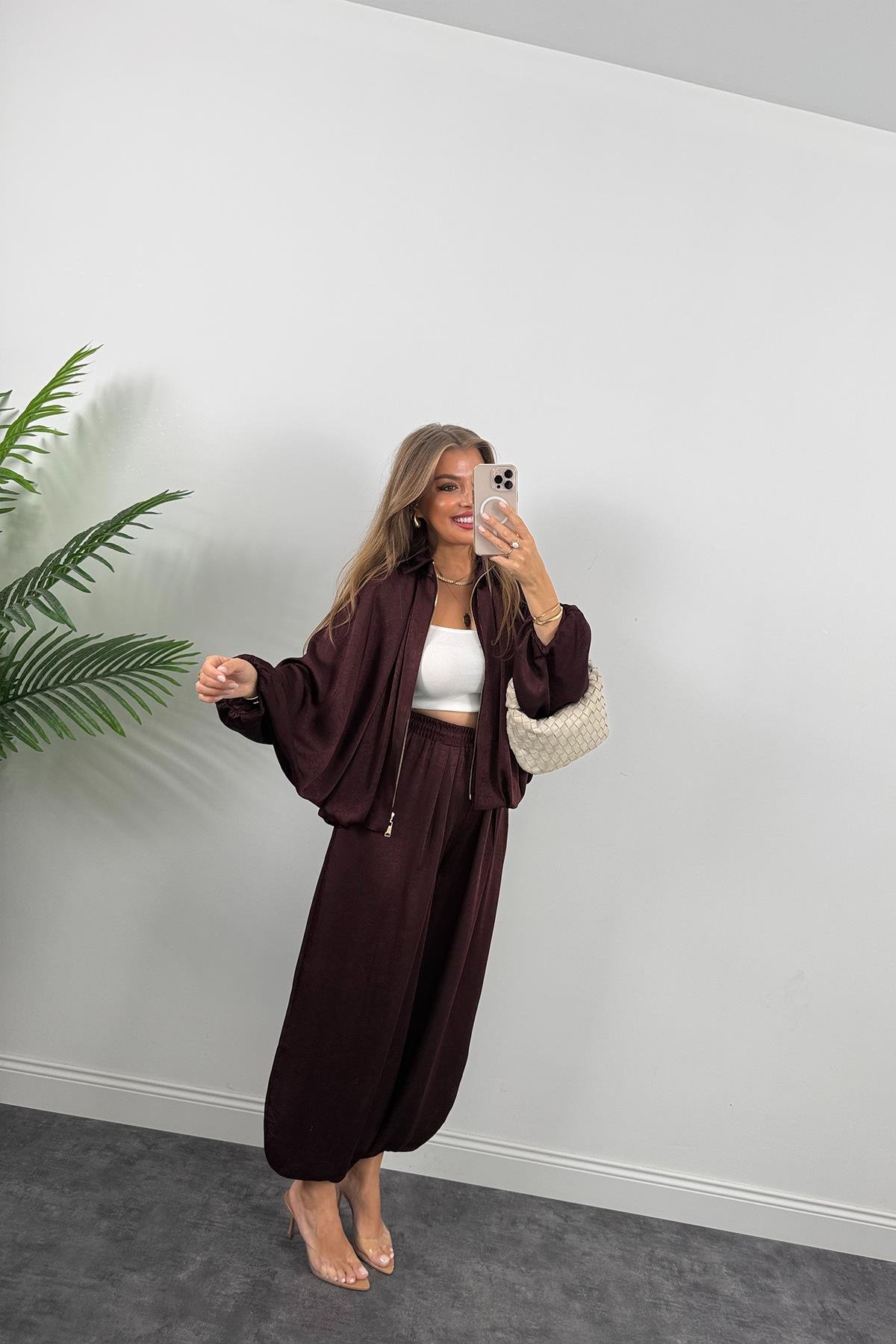 Premium Seri Tasarım Saten Şalvar Pantolon Mürdüm