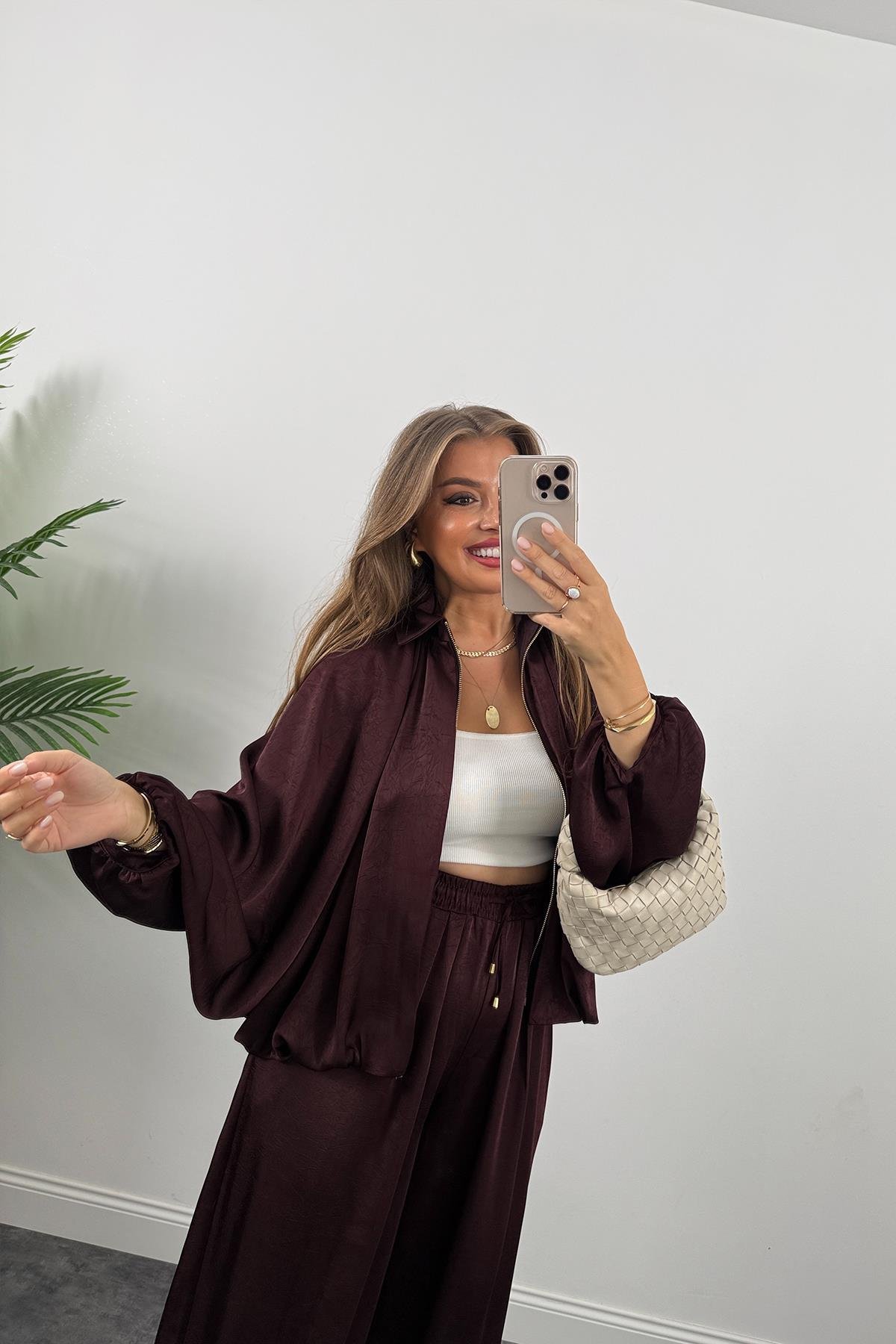 Premium Seri Tasarım Saten Şalvar Pantolon Mürdüm