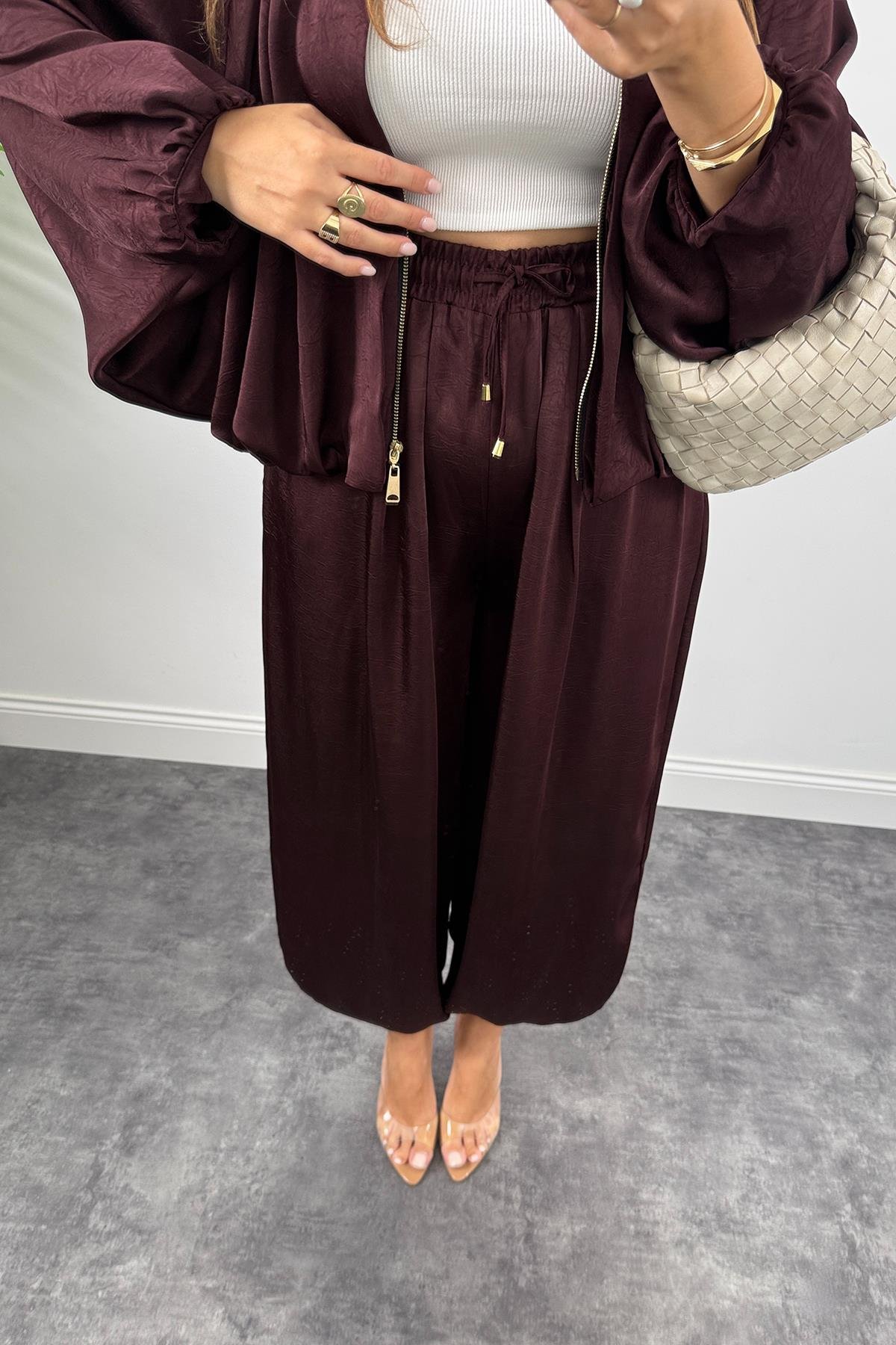 Premium Seri Tasarım Saten Şalvar Pantolon Mürdüm