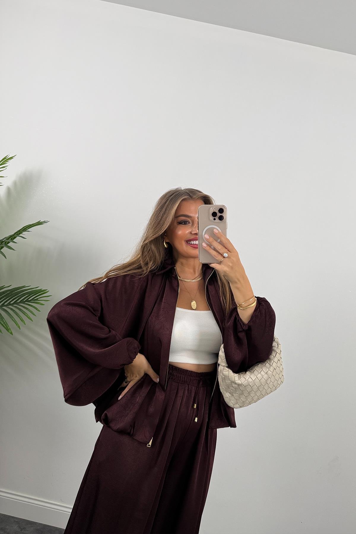 Premium Seri Tasarım Saten Şalvar Pantolon Mürdüm