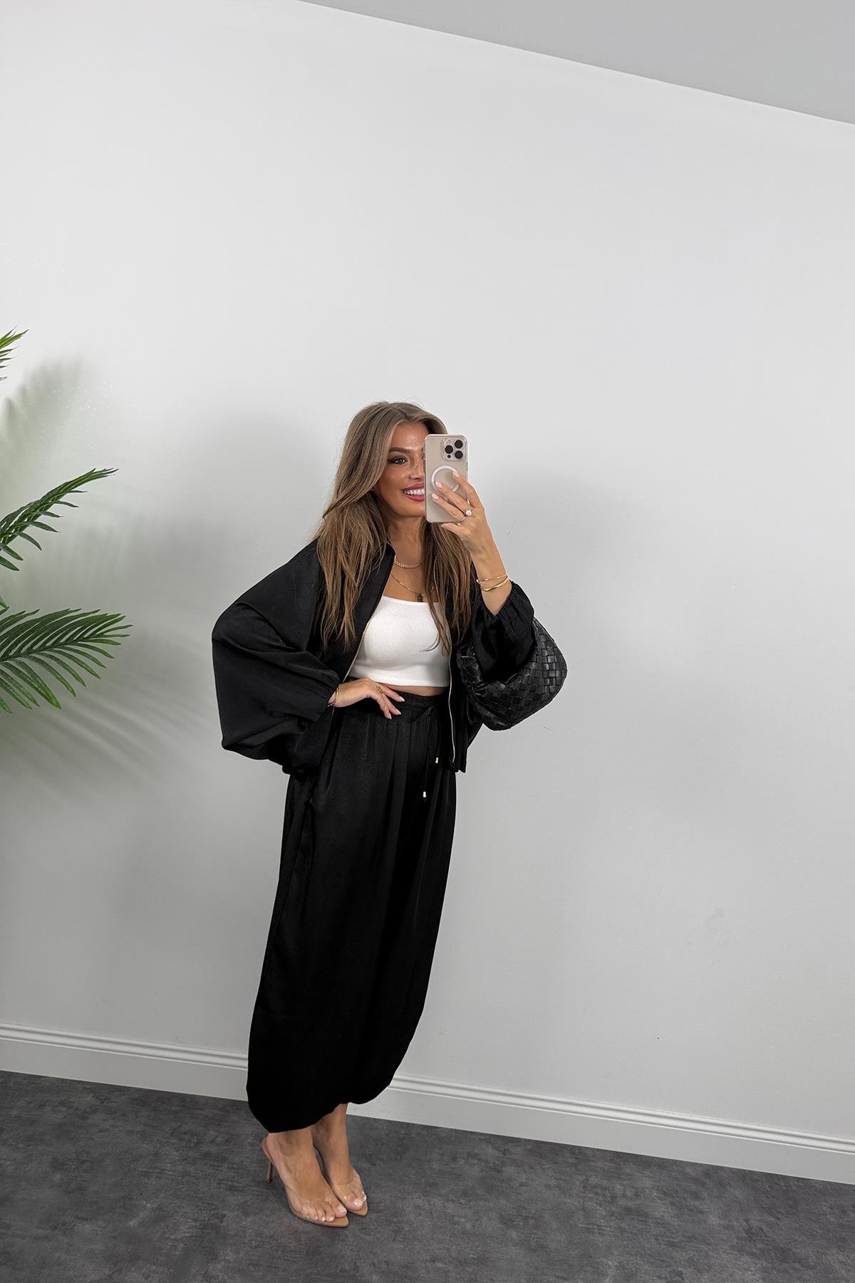 Premium Seri Tasarım Saten Şalvar Pantolon Siyah