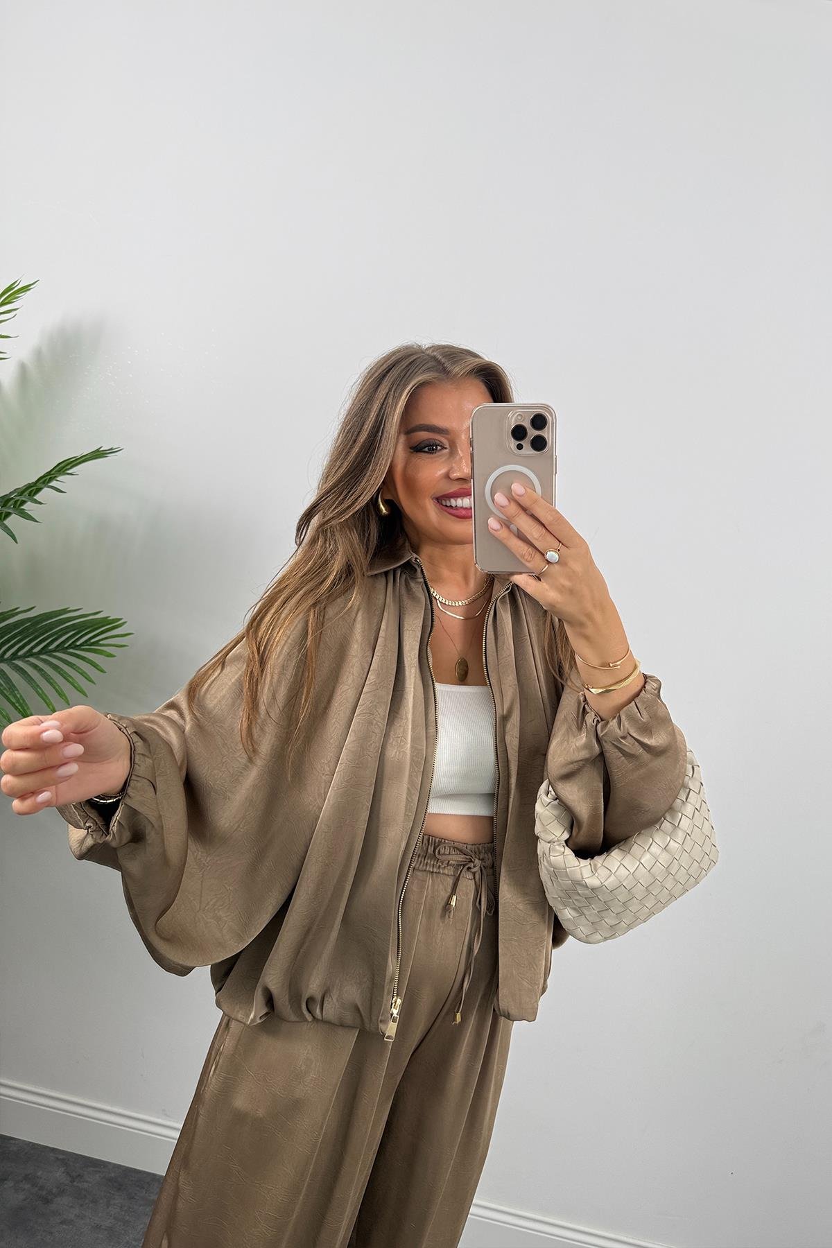 Premium Seri Tasarım Saten Şalvar Pantolon Vizon