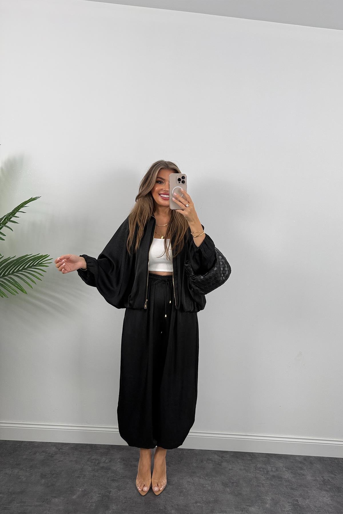 Premium Seri Tasarım Saten Şalvar Pantolon Siyah