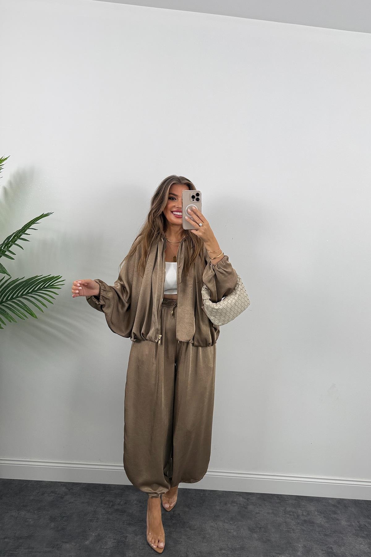 Premium Seri Tasarım Saten Şalvar Pantolon Vizon