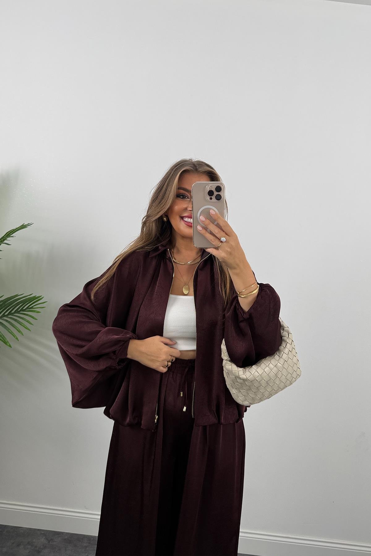 Premium Seri Tasarım Saten Şalvar Pantolon Mürdüm