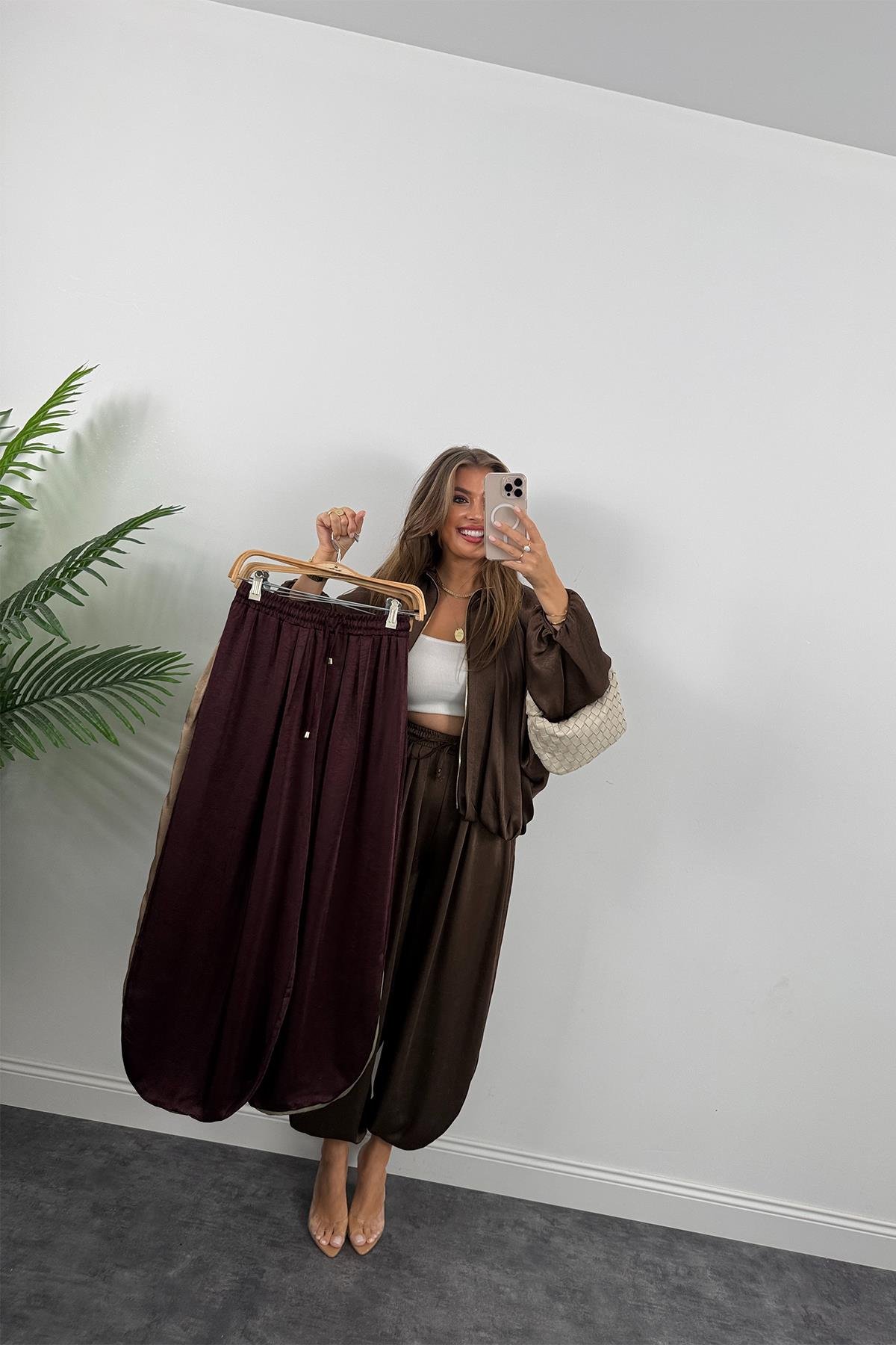 Premium Seri Tasarım Saten Şalvar Pantolon Mürdüm