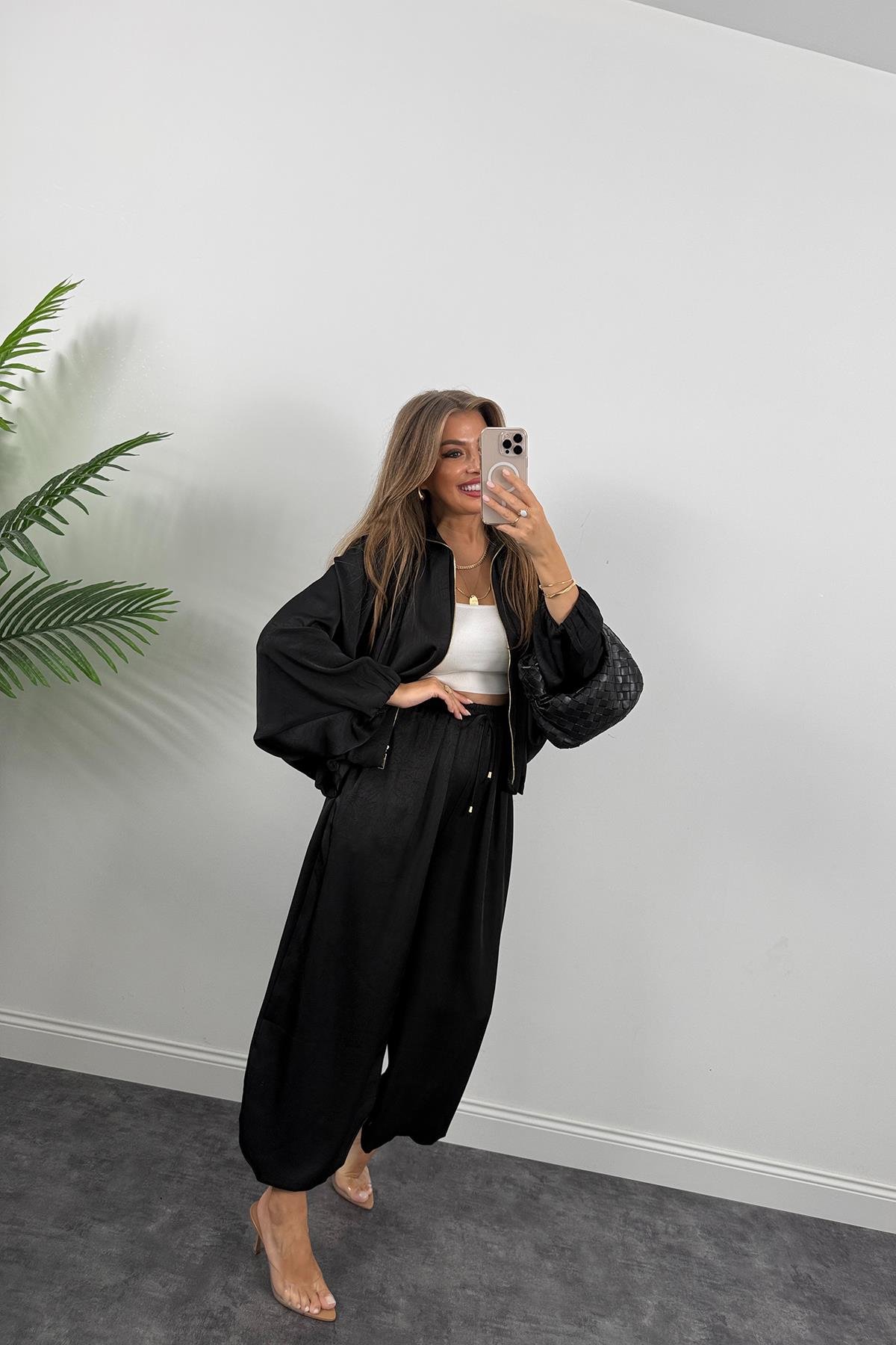 Premium Seri Tasarım Saten Şalvar Pantolon Siyah