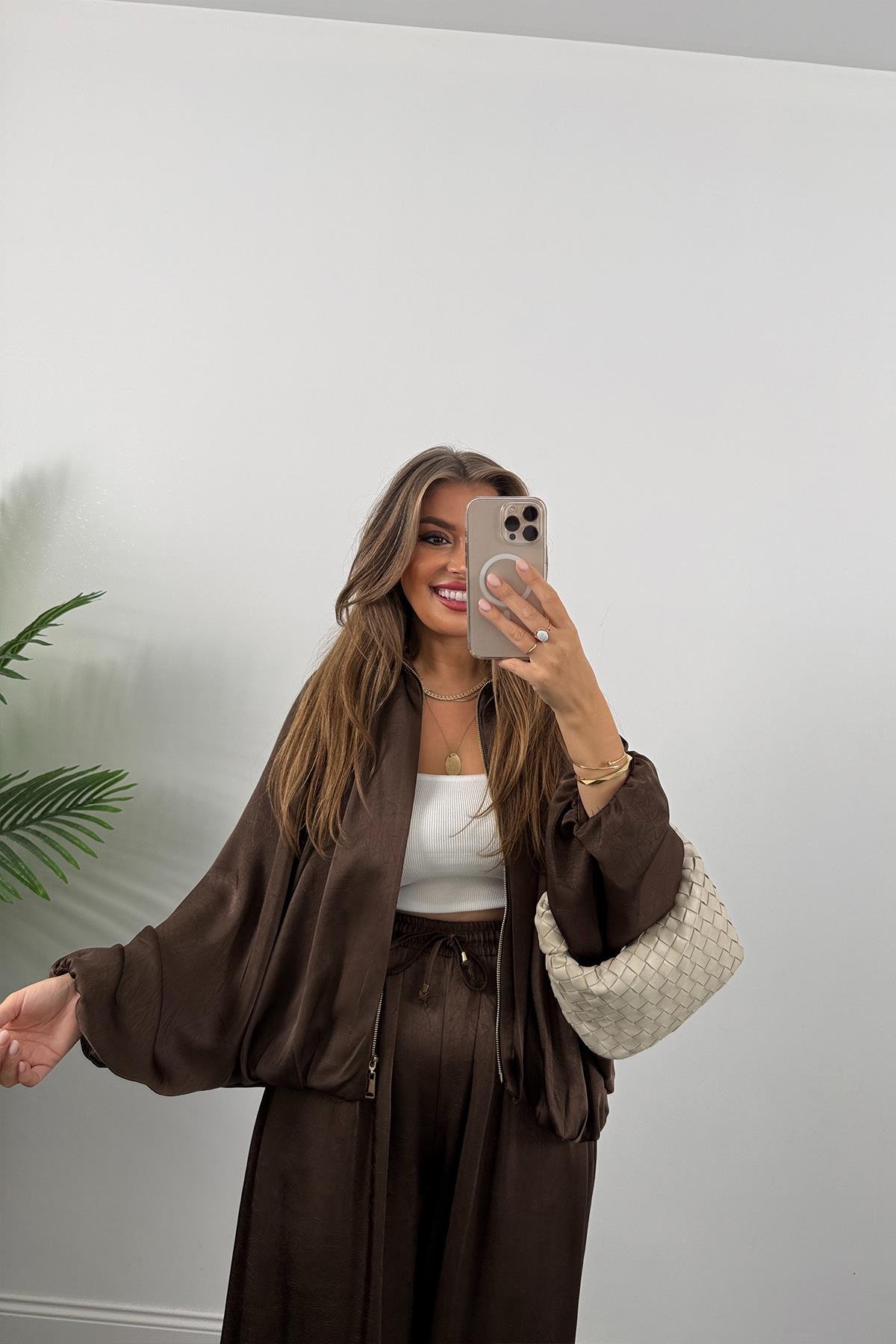 Premium Seri Tasarım Saten Şalvar Pantolon Acı Kahve