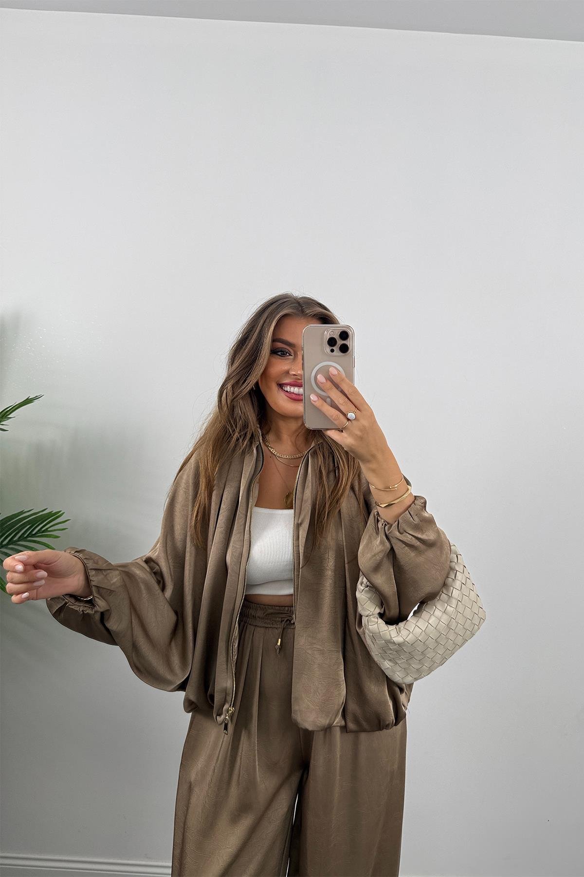 Premium Seri Tasarım Saten Şalvar Pantolon Vizon