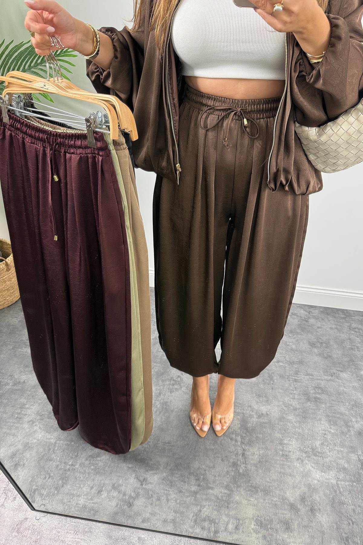 Premium Seri Tasarım Saten Şalvar Pantolon Acı Kahve