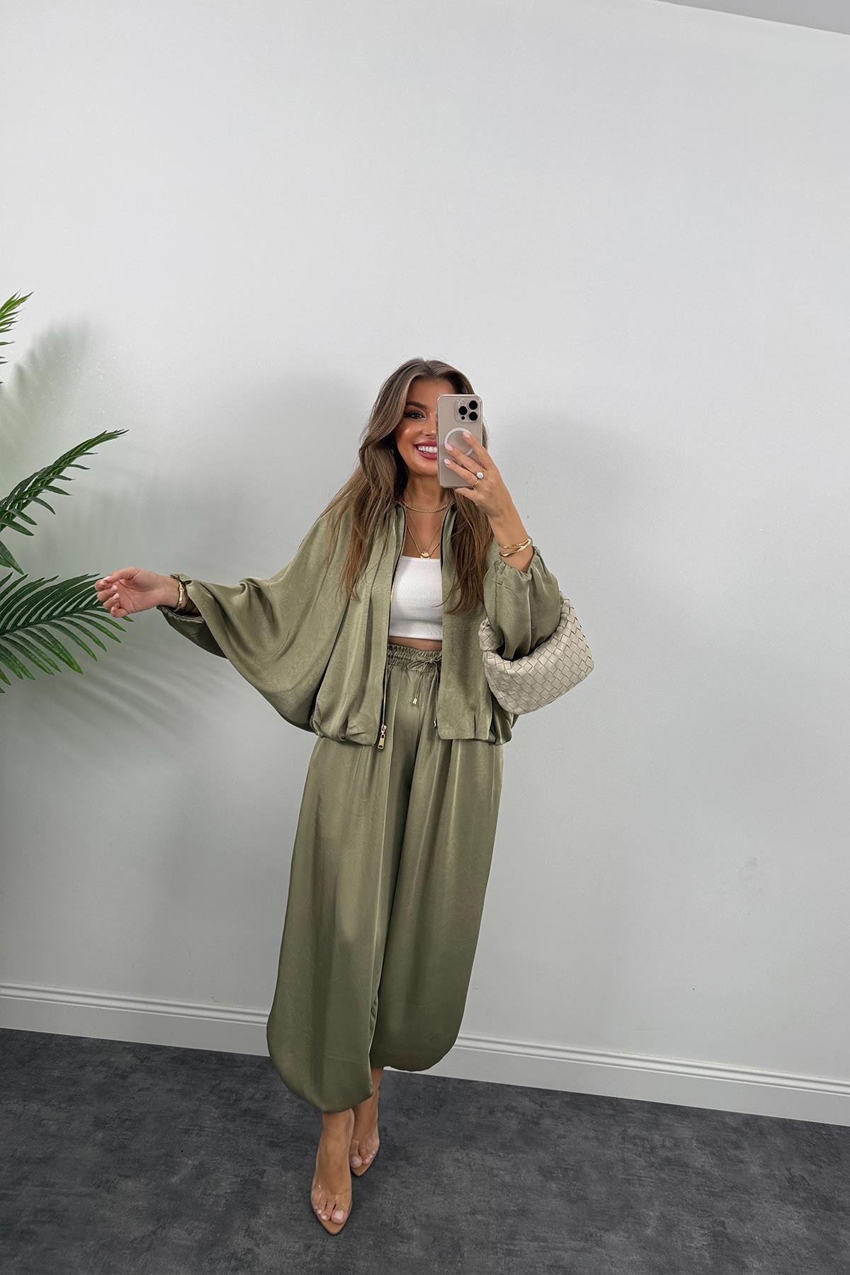 Premium Seri Tasarım Saten Şalvar Pantolon Haki