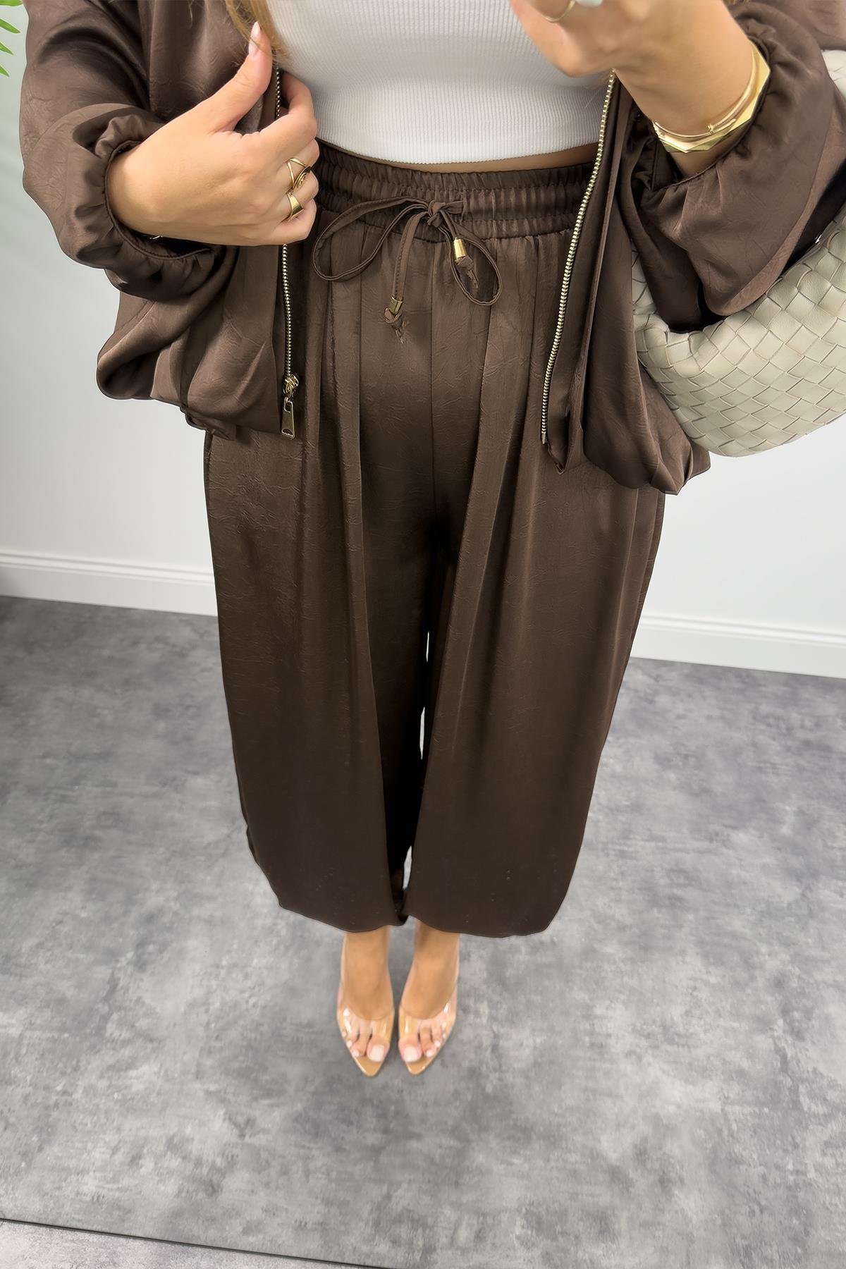 Premium Seri Tasarım Saten Şalvar Pantolon Acı Kahve
